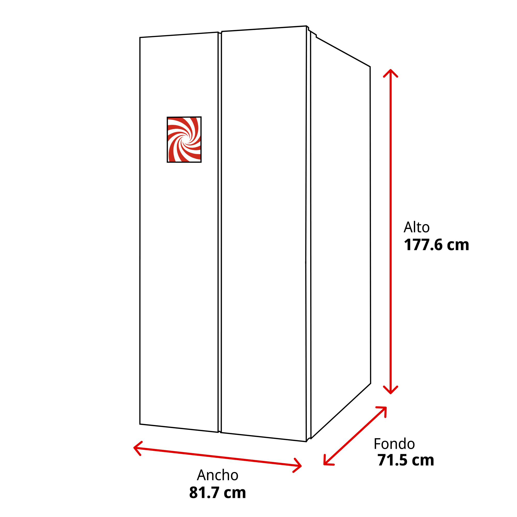 Un refrigerador blanco con dimensiones y un logotipo rojo y blanco. Las dimensiones son 177,6 cm de alto, 81,7 cm de ancho y 71,5 cm de profundidad.