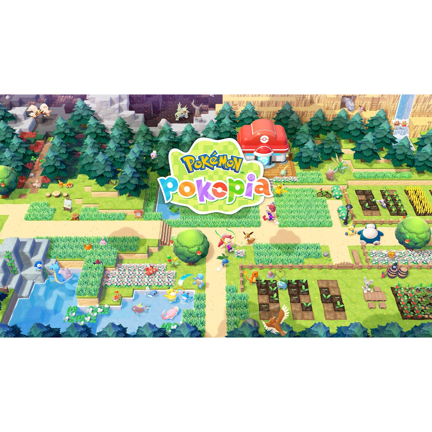 A colorful Pokémon scene with various creatures, trees, buildings, and garden plots. The Poképia logo is displayed in the center.