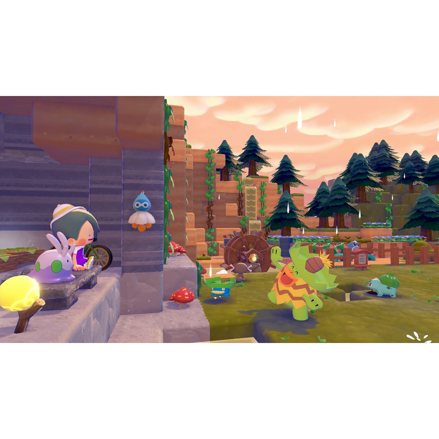 A colorful scene with cartoon characters in a landscape. A person is near a bike, and various creatures are scattered around.