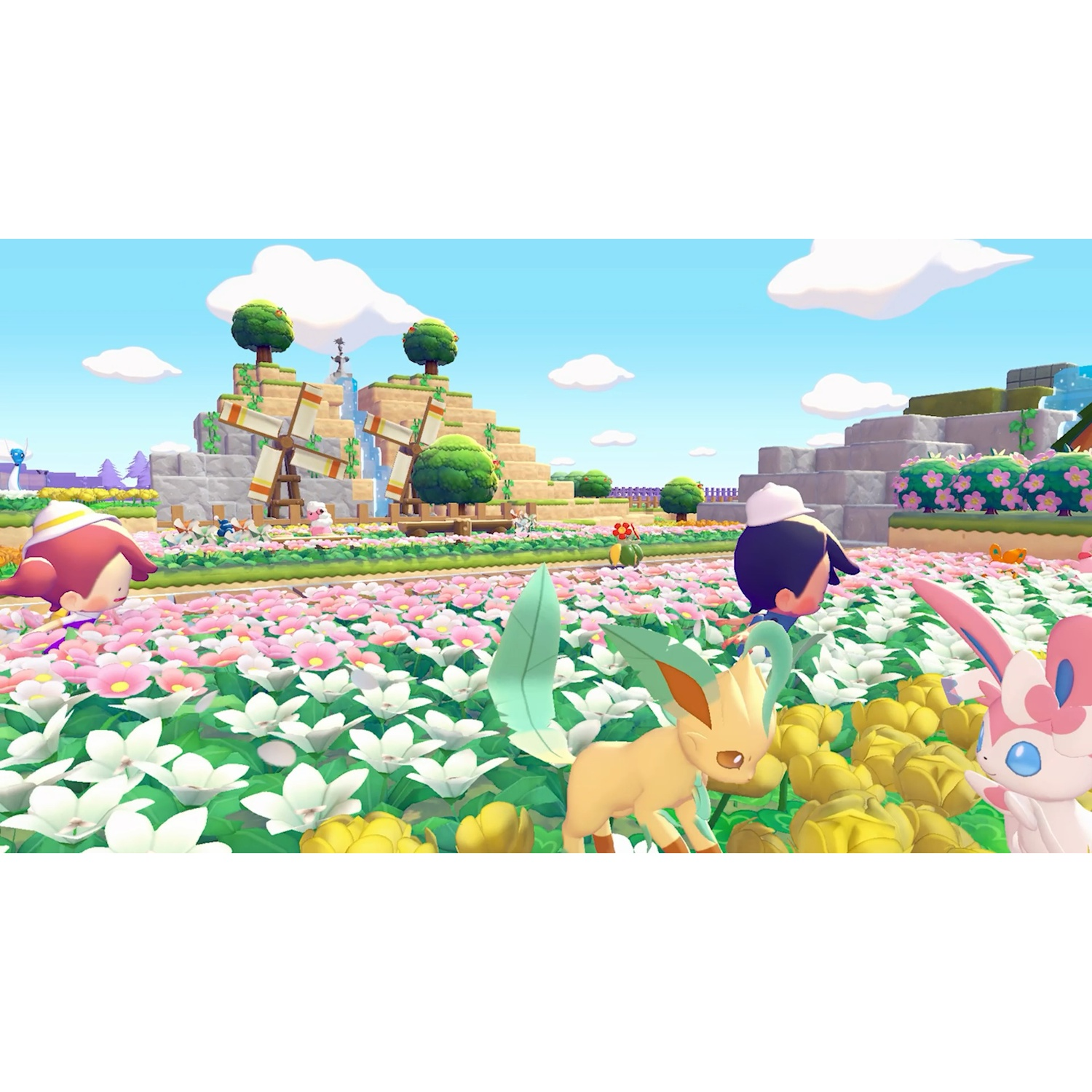 A colorful cartoon scene with characters, flowers, windmills, and a blue sky. Characters are interacting in a field of flowers.