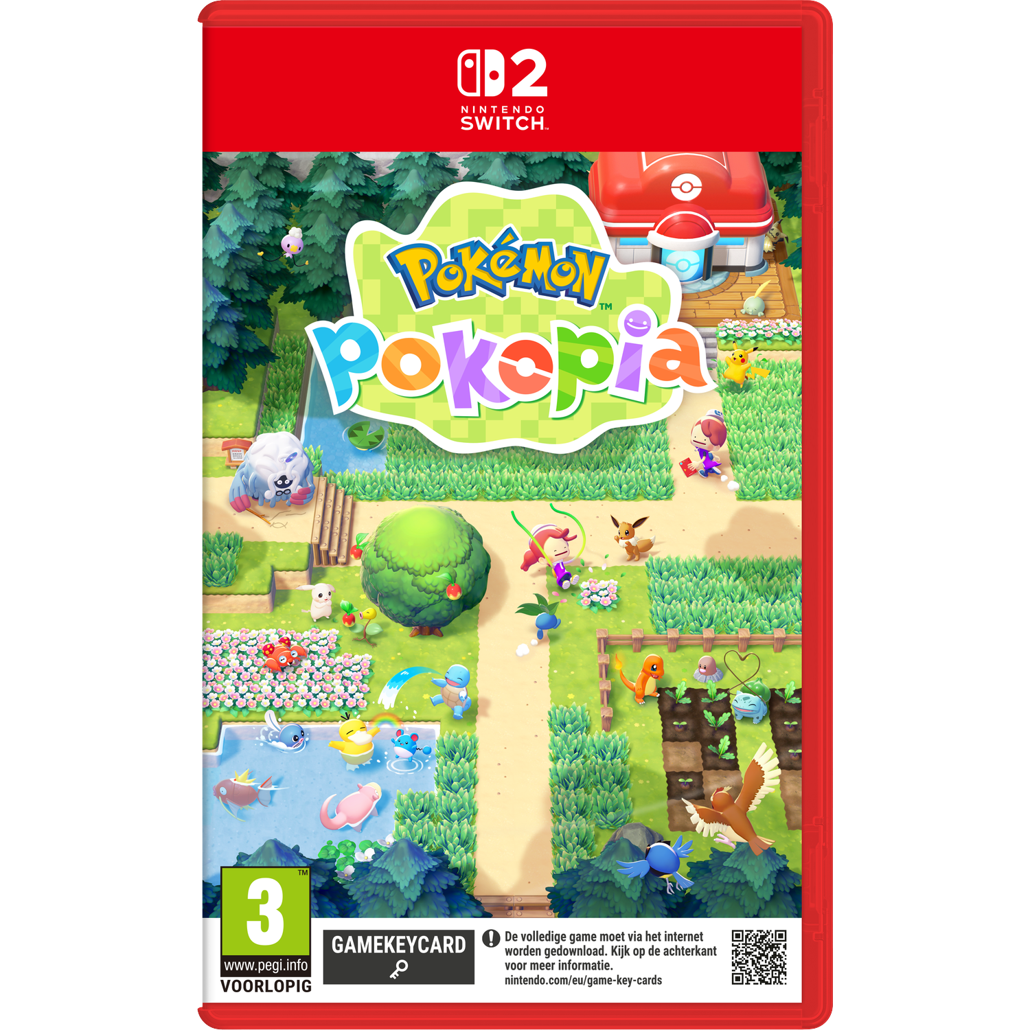 Illustration de la boîte du jeu Pokémon Poképia. Comprend divers Pokémon dans un cadre extérieur coloré, avec un cadre rouge Nintendo Switch.