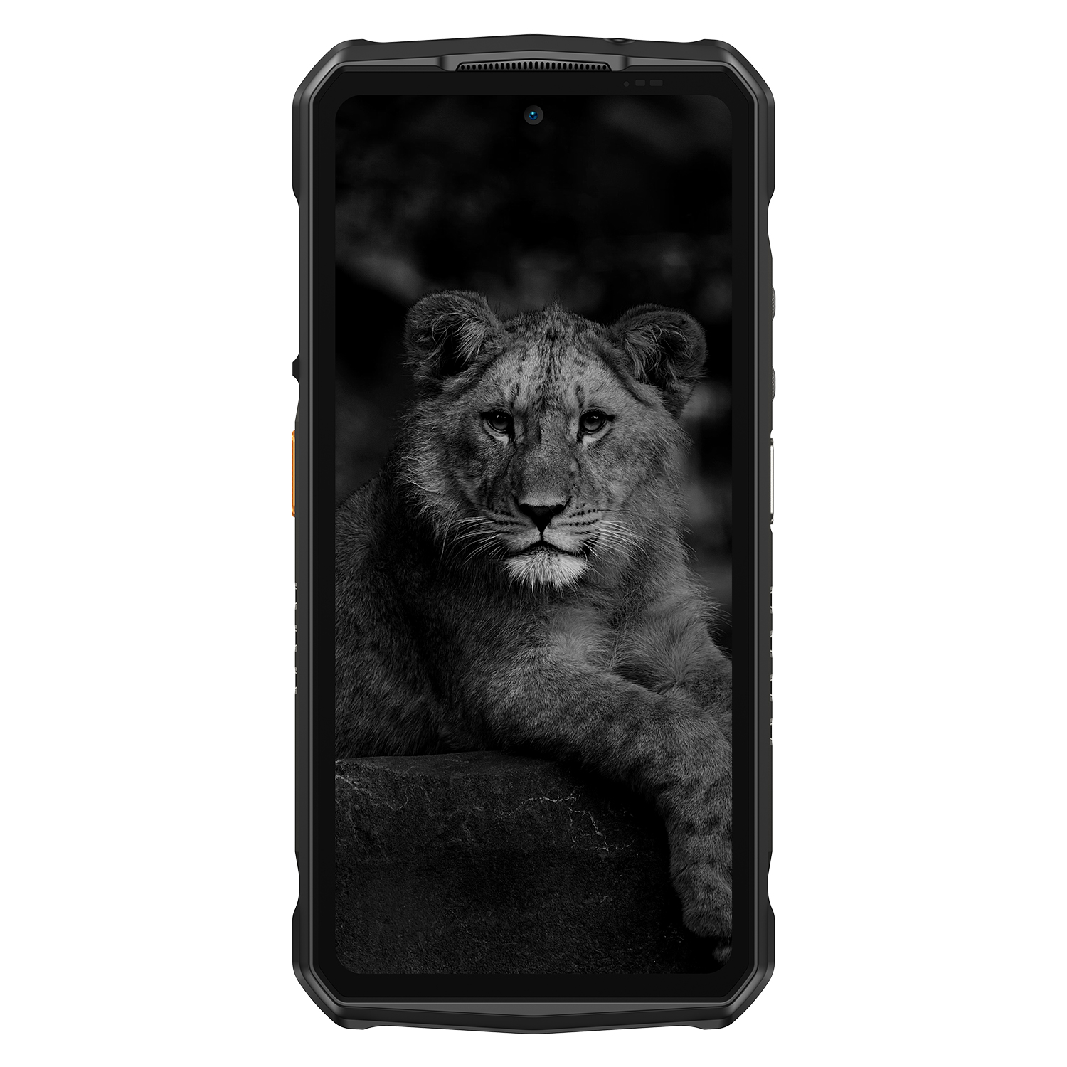 Egy fekete okostelefon egy szürkeárnyalatos képet jelenít meg egy kőre telepedett oroszlánkölyökről. A telefon burkolata fekete és strapabíró.