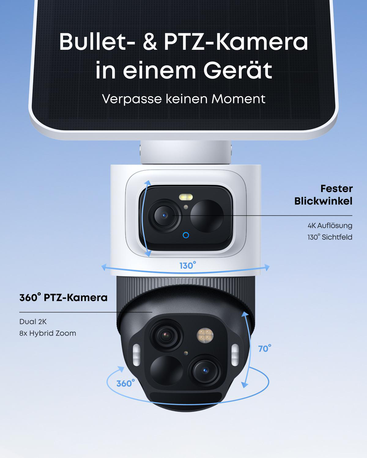Eine weiße und schwarze Überwachungskamera mit Text, der Funktionen wie 360°-Ansicht, 4K-Auflösung und Hybridzoom beschreibt.