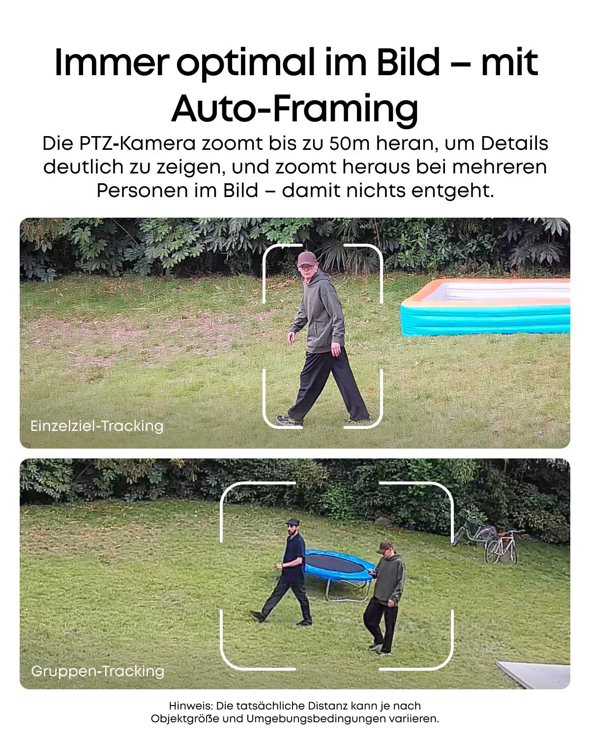 Bild zeigt Auto-Framing. Oben: Eine Person geht auf Gras. Unten: Zwei Personen und ein Trampolin auf Gras. Fahrräder im Hintergrund.