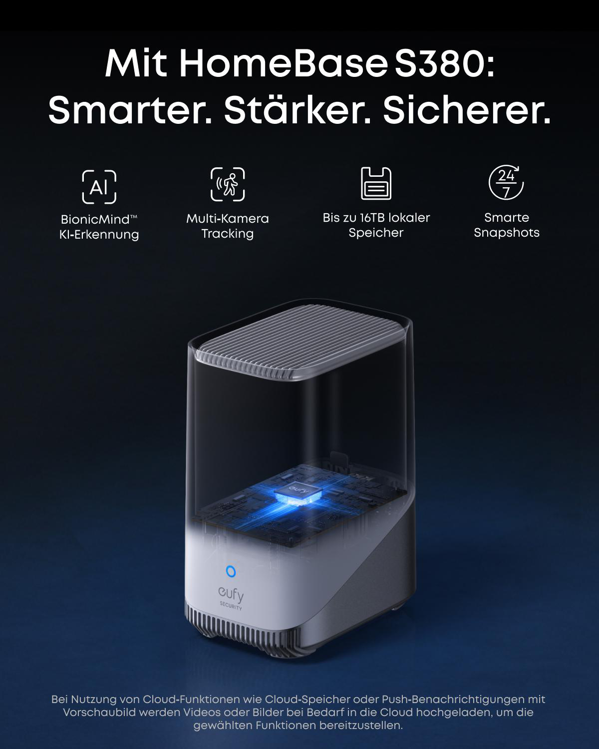 Ein HomeBase S380-Gerät mit transparentem Display, das interne Komponenten zeigt. Text enthält Funktionen wie KI, Tracking und Speicher.
