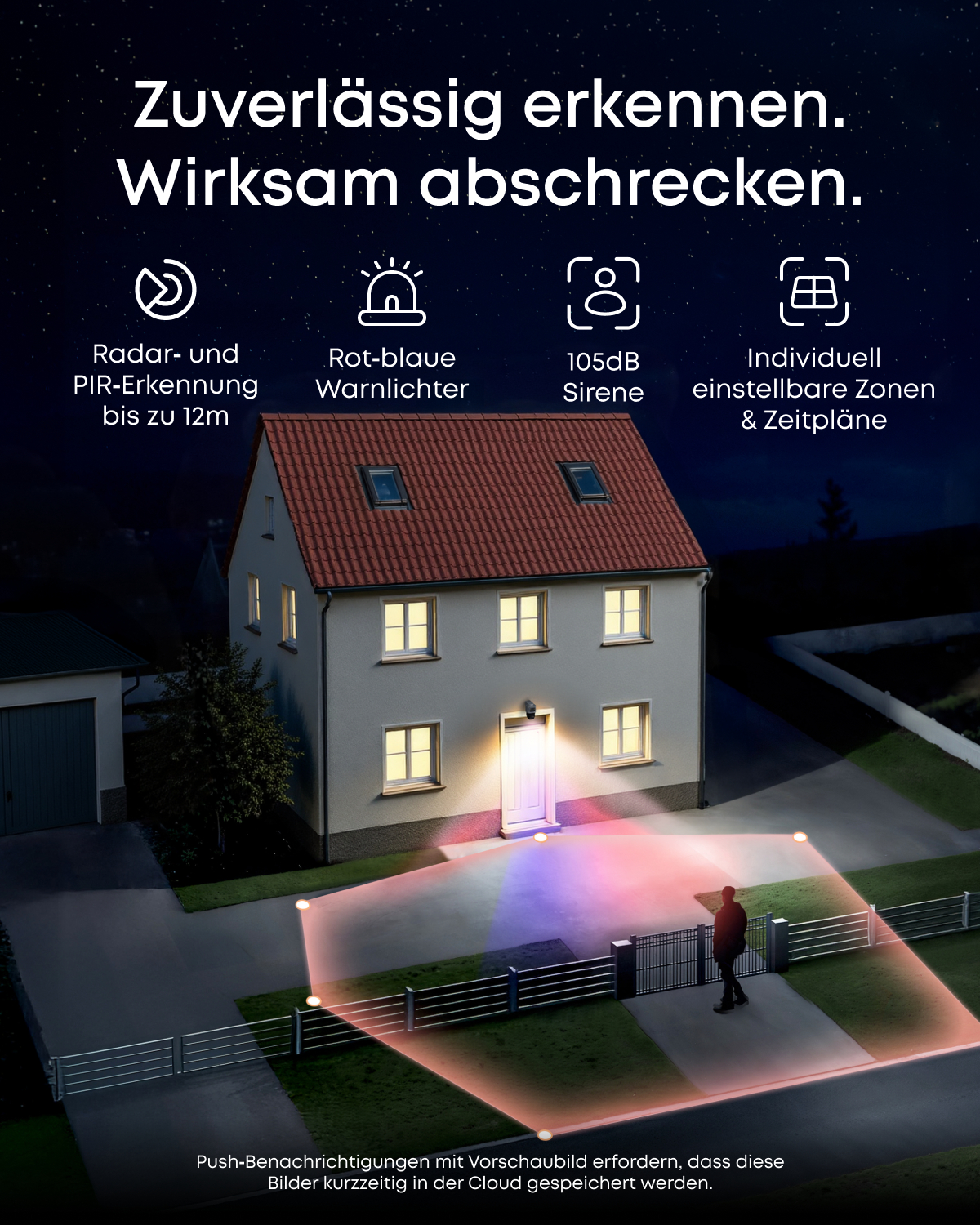 Ein Haus bei Nacht mit rotem Dach, beleuchtet von Sicherheitslichtern. Eine Person geht zum Tor.
