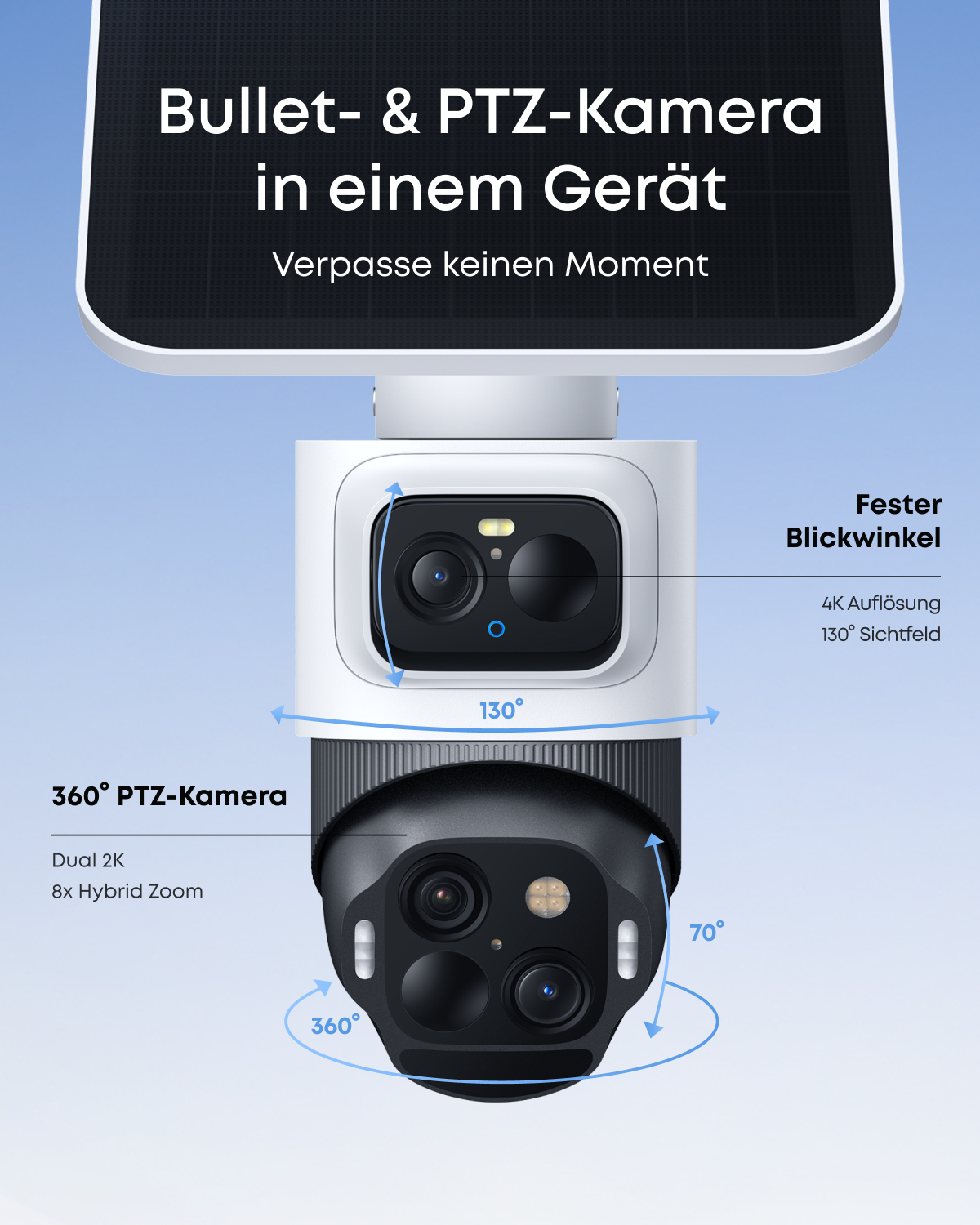 Eine weiße und schwarze Überwachungskamera mit Textbeschriftungen, die Funktionen wie 360° PTZ, 4K-Auflösung und 8x Zoom angeben.