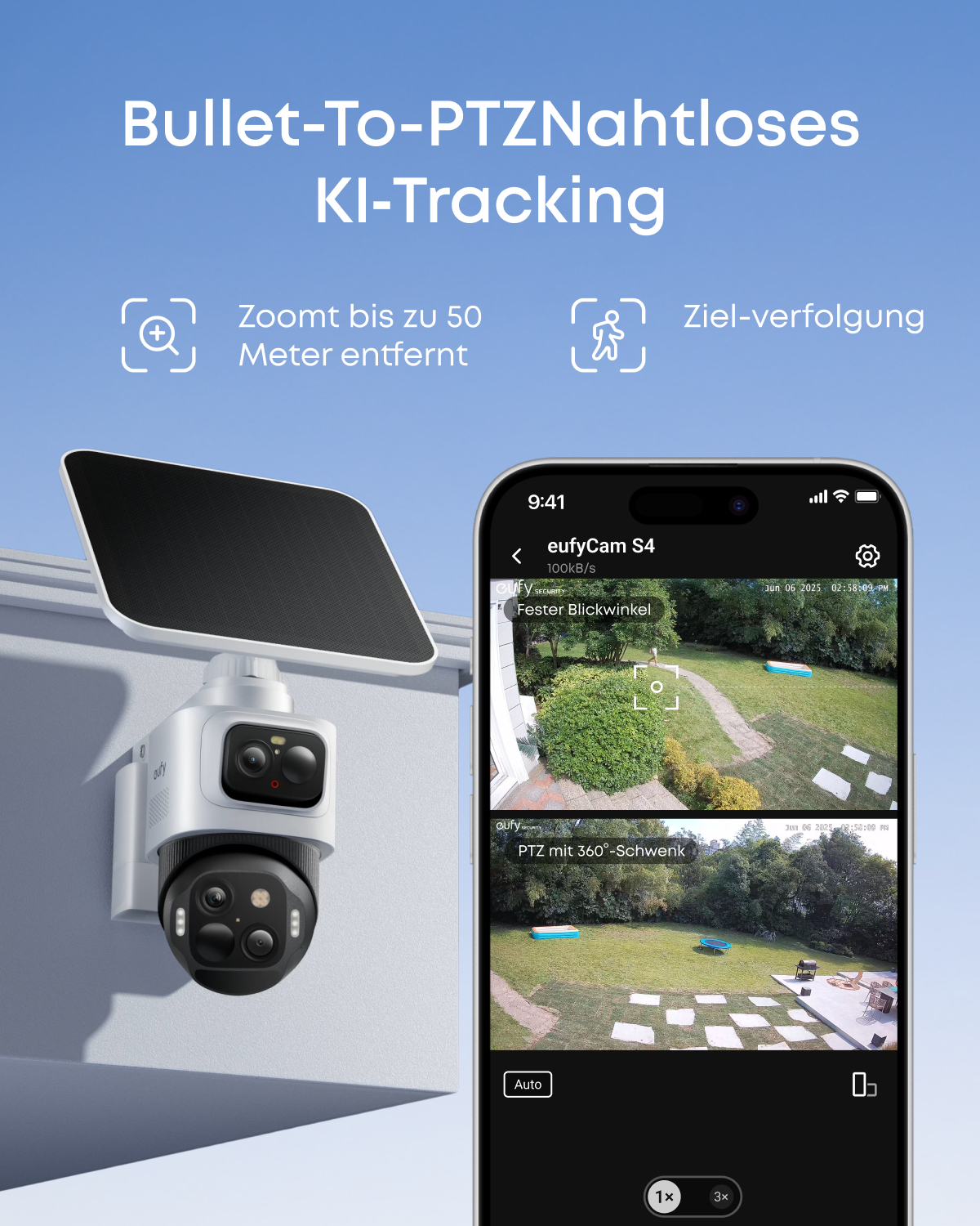 Eine Überwachungskamera mit Solarpanel ist an einer Wand montiert. Ein Telefon zeigt die Sicht der Kamera auf einen Garten.