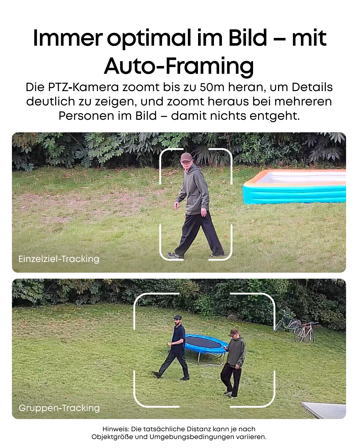 Das Bild zeigt zwei Verfolgungsmodi: Einzelperson und Gruppe. Personen gehen auf Gras. Hintergrund hat Büsche, Pool und Fahrräder.