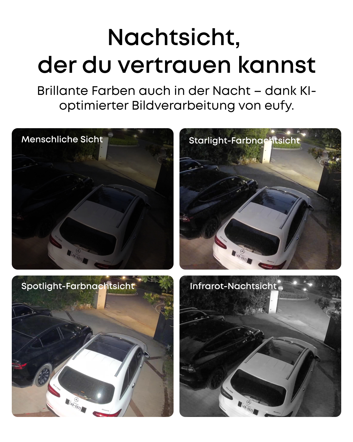 Das Bild zeigt verschiedene Nachtsichtmodi: Mensch, Sternenlicht, Spotlight und Infrarot. Autos parken in einer Einfahrt.