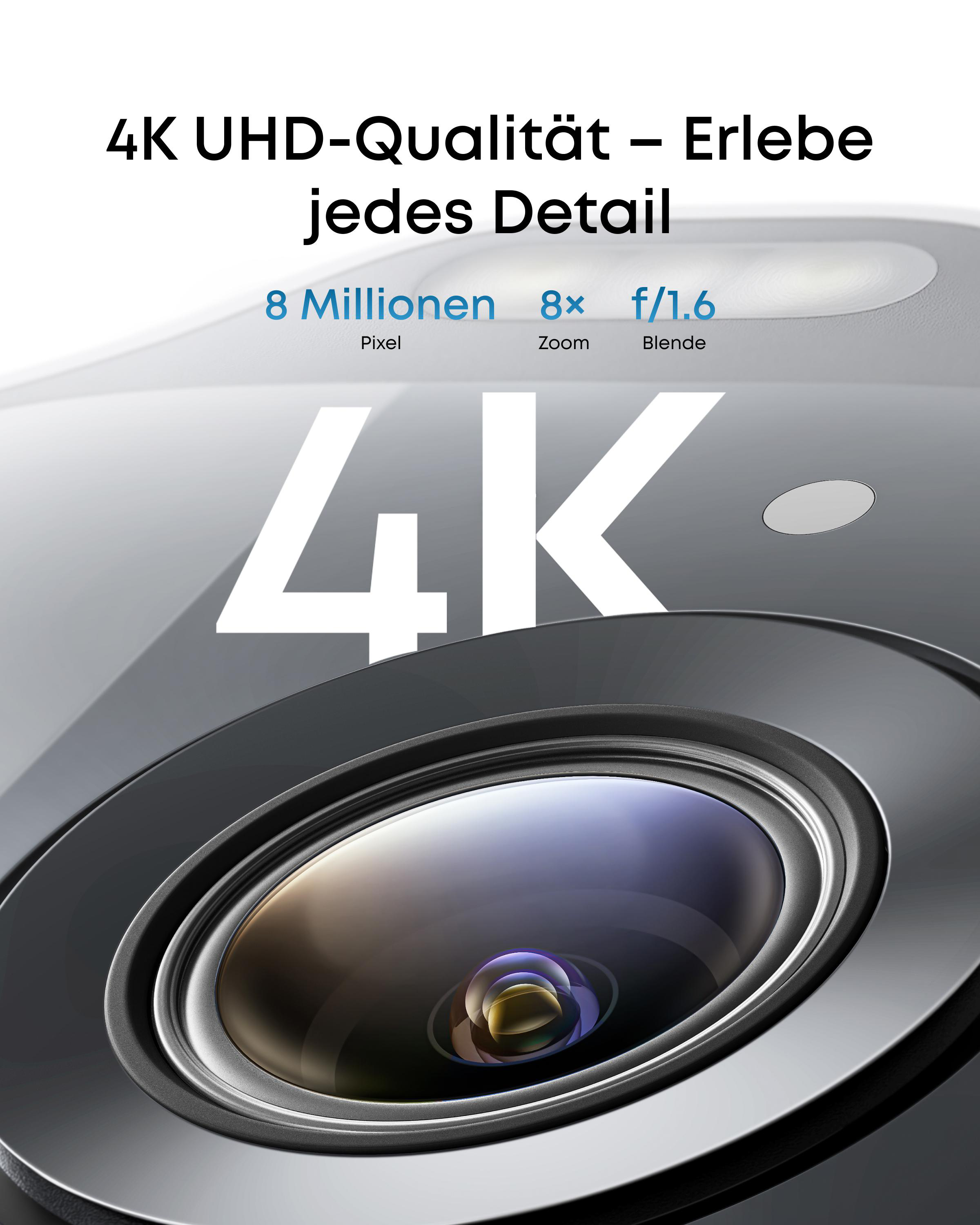 Nahaufnahme eines Kameraobjektivs mit Text: 4K, 8x Zoom, f/1.6 und 8 Millionen Pixel. Das Objektiv ist fokussiert.
