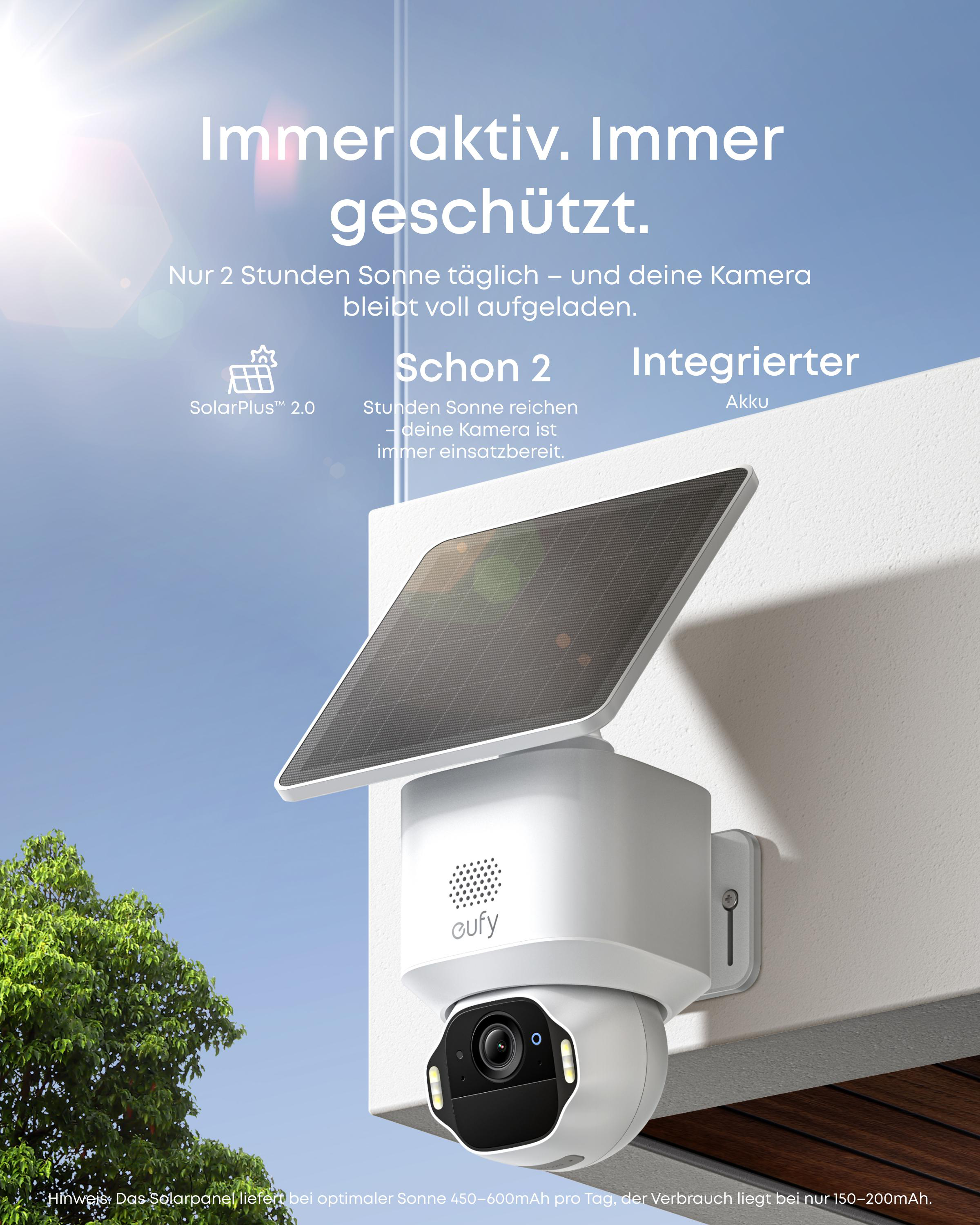 Eine weiße Sicherheitskamera mit Solarpanel, an einer Wand montiert. Blauer Himmel im Hintergrund. Textüberlagerung.