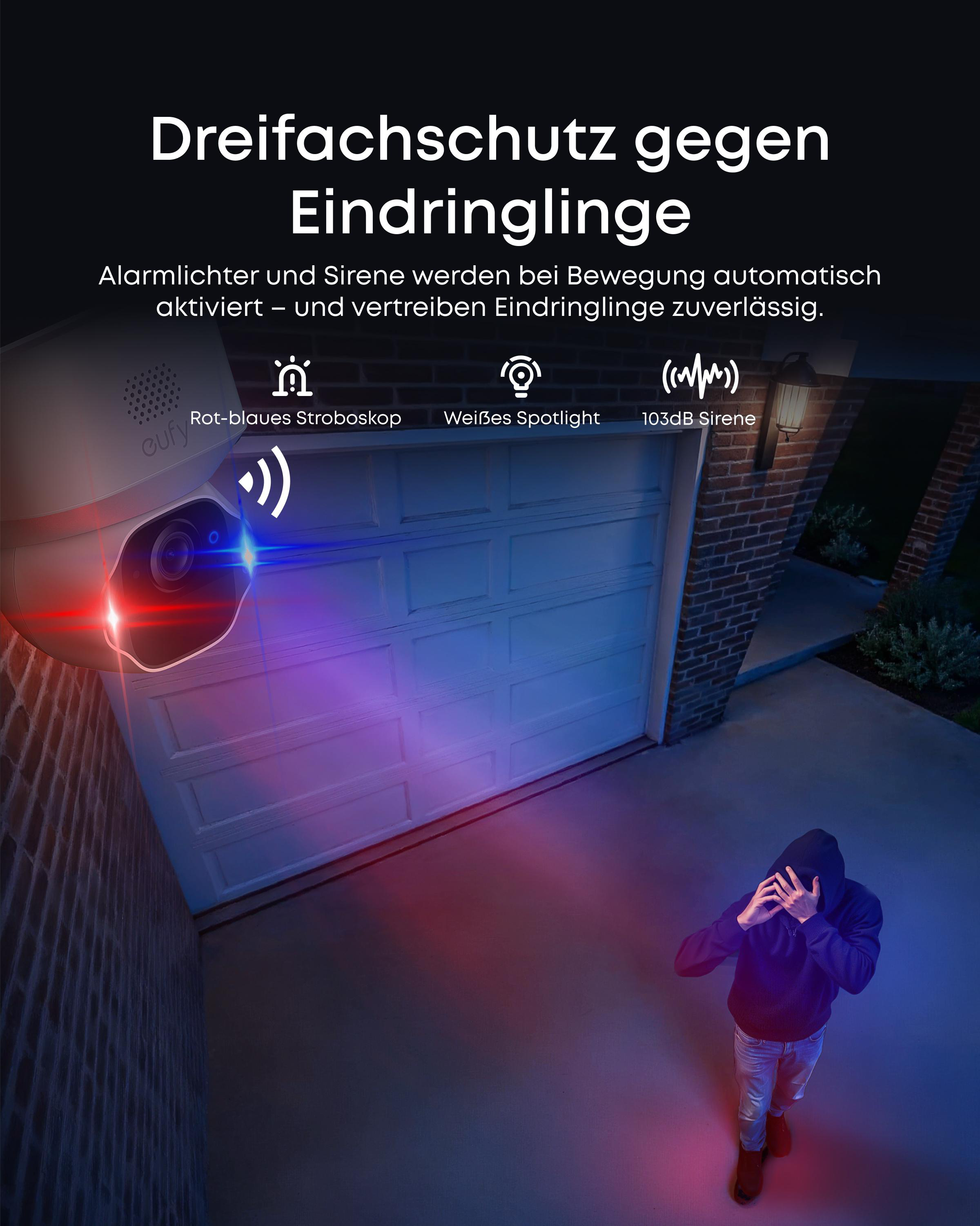Eine Überwachungskamera mit blinkenden Lichtern zeigt auf einen Mann mit Kapuze, der sein Gesicht bedeckt, in der Nähe einer Garage.