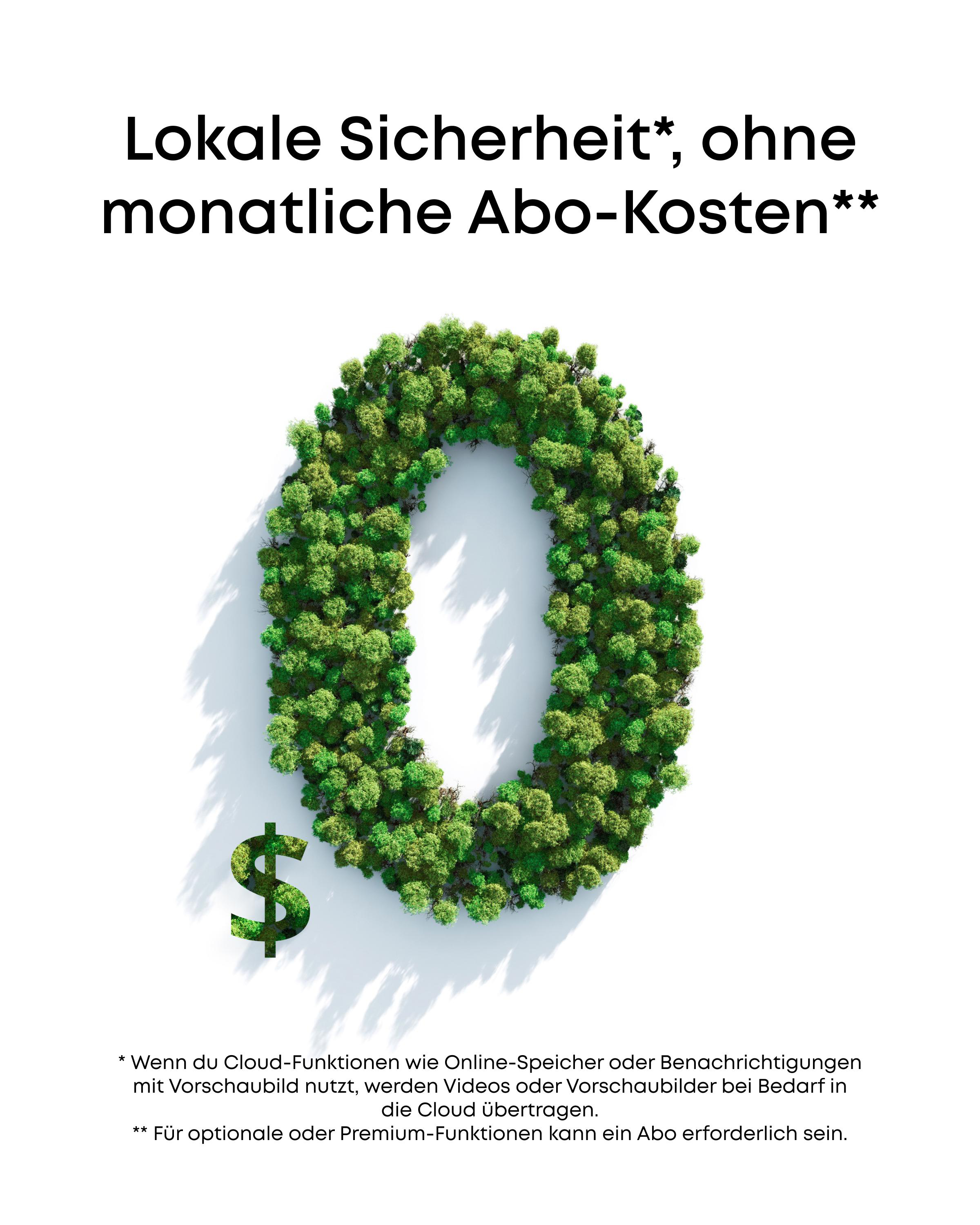 Das Bild zeigt eine Null aus Bäumen, ein Dollarzeichen und Text über lokale Sicherheit ohne monatliche Gebühren.