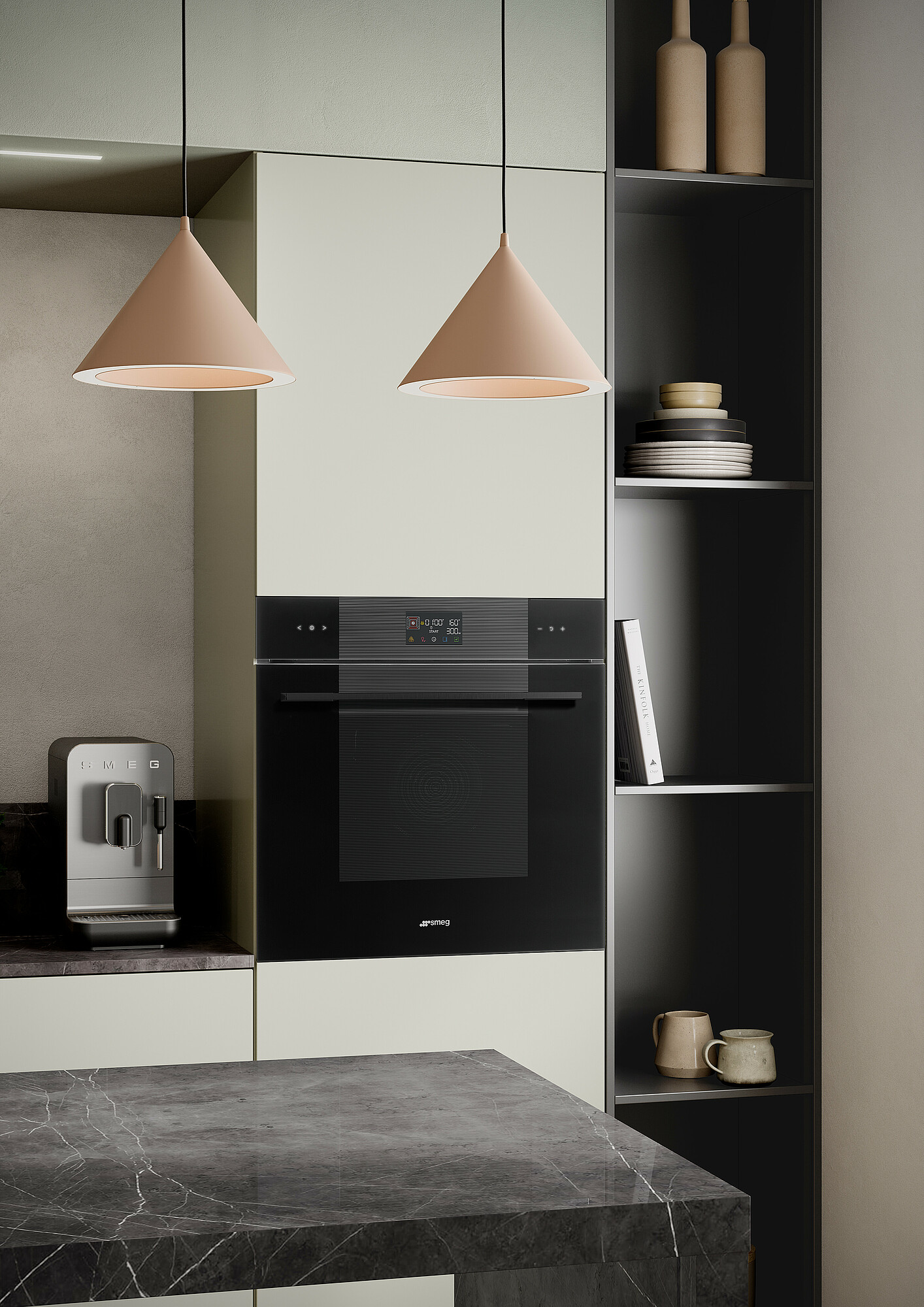 Kücheninterieur mit schwarzem Backofen, Kaffeemaschine und Regalen. Zwei Hängelampen. Marmor-Arbeitsplatte.