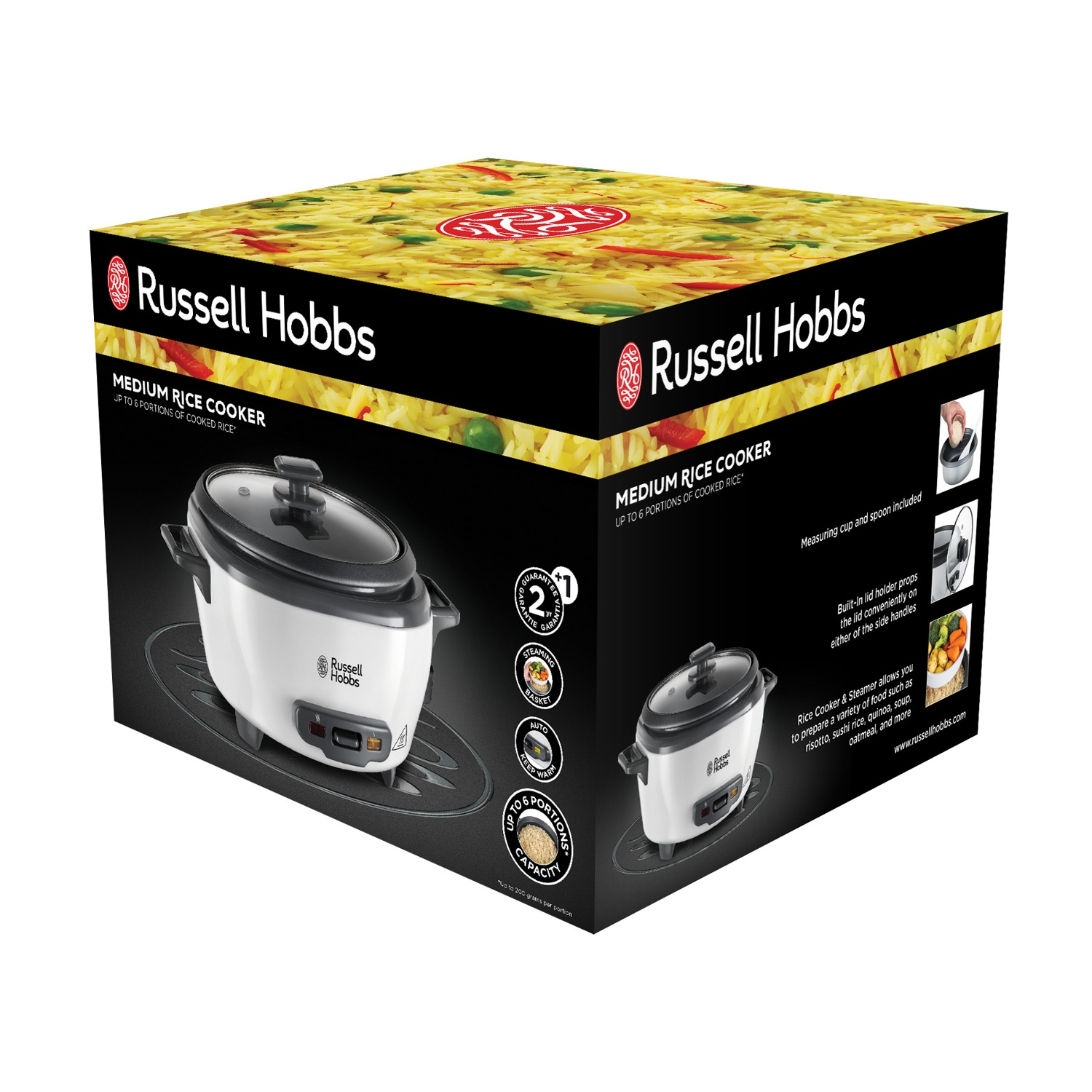 Scatola della cuociriso Russell Hobbs. È bianca con coperchio nero. La scatola mostra riso cotto e caratteristiche del prodotto.