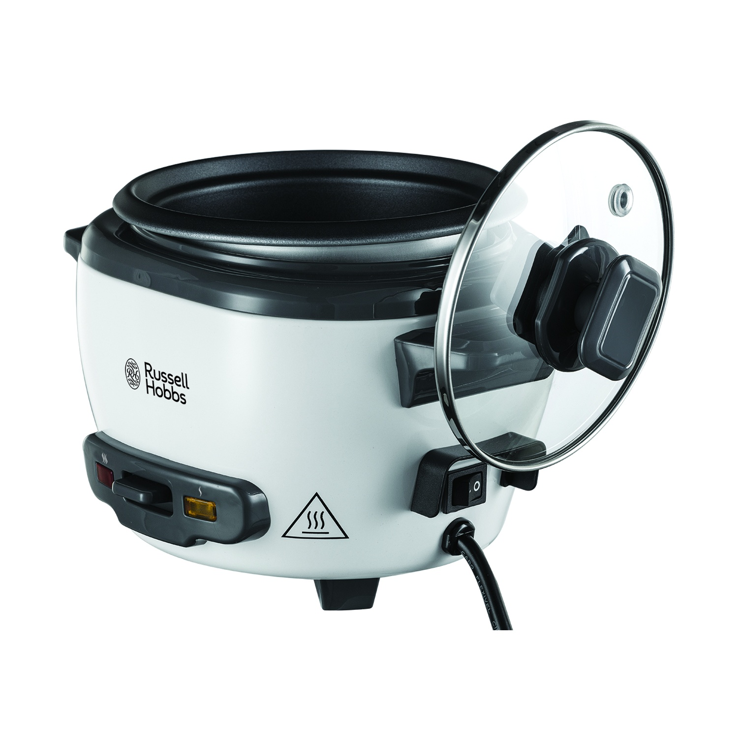 Una cuociriso Russell Hobbs bianca con coperchio in vetro aperto. Ha dettagli neri e un cavo di alimentazione.
