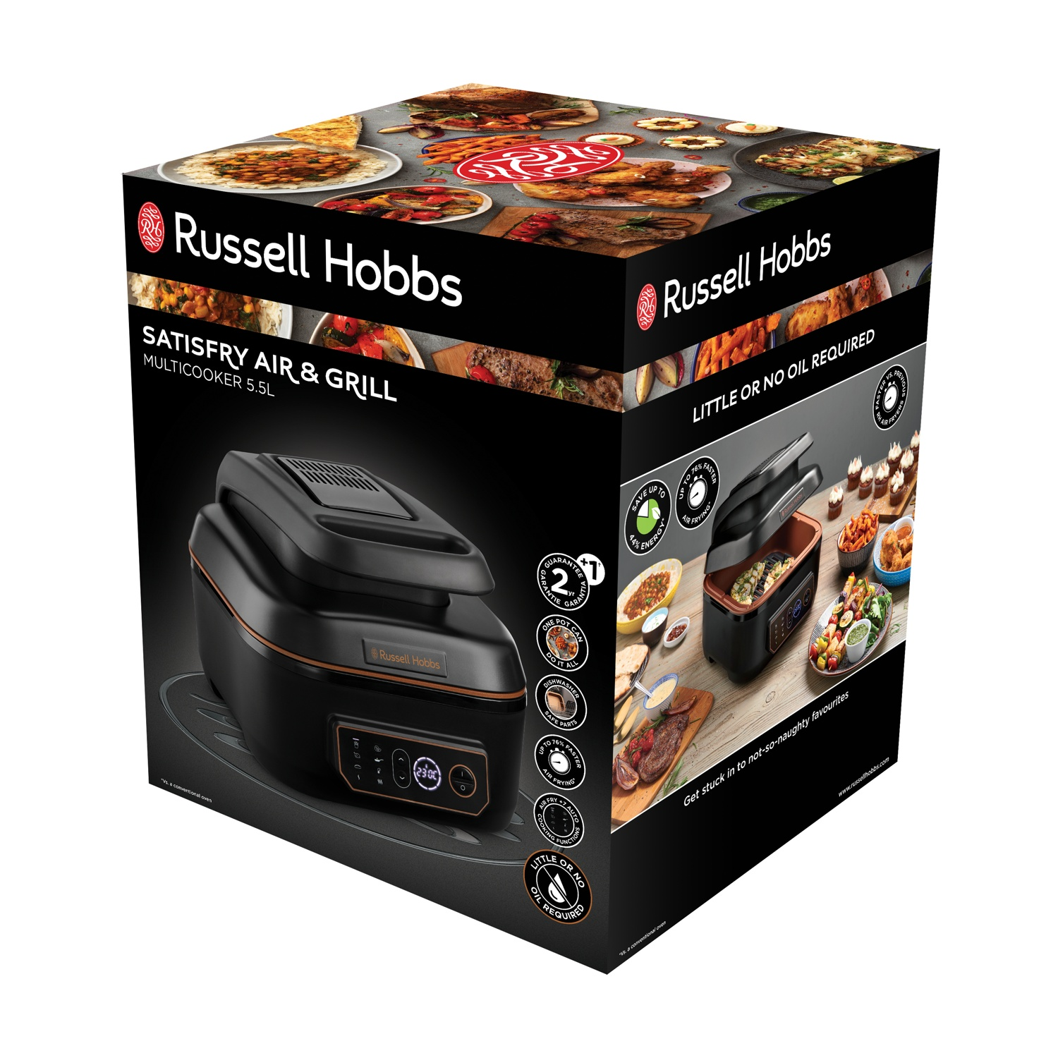 Una scatola di friggitrice ad aria Russell Hobbs. Mostra il prodotto e il cibo cotto. Il testo include 'Satisfry Air & Grill' e 'Little or no oil required'.