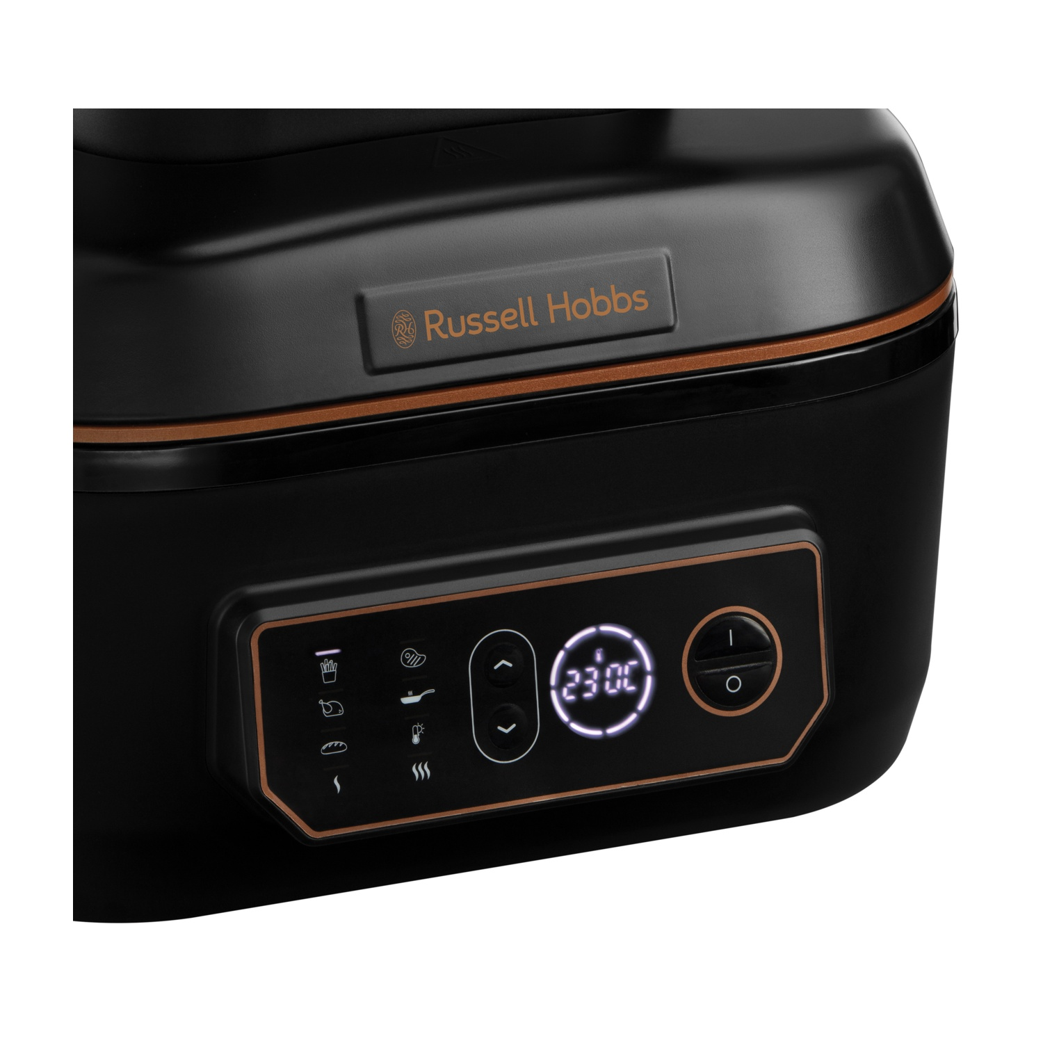 Elettrodomestico Russell Hobbs nero con display digitale che mostra l'ora. Ha dettagli color rame e vari simboli di cottura.
