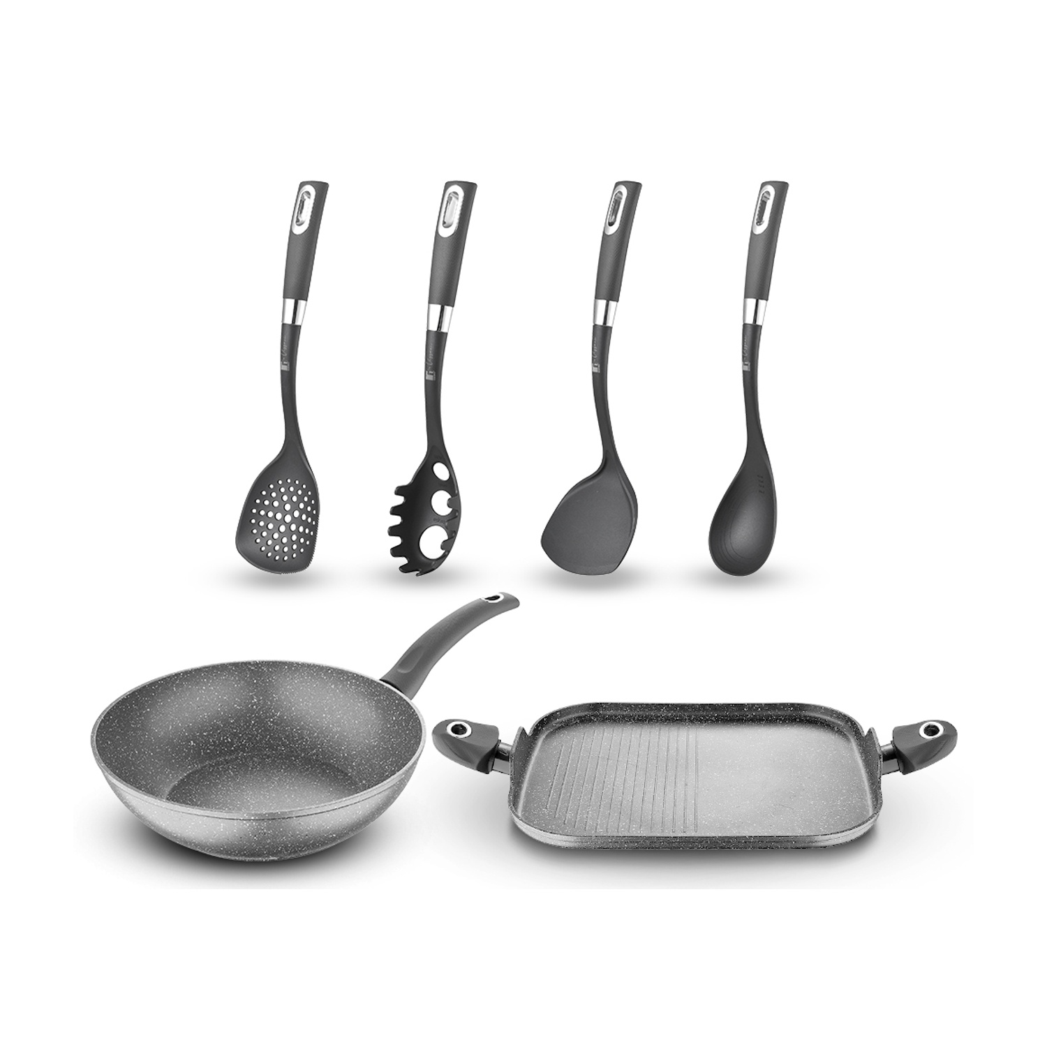 Set di utensili da cucina e pentole: spatole, cucchiaio per pasta, wok e bistecchiera, tutto grigio su sfondo bianco.