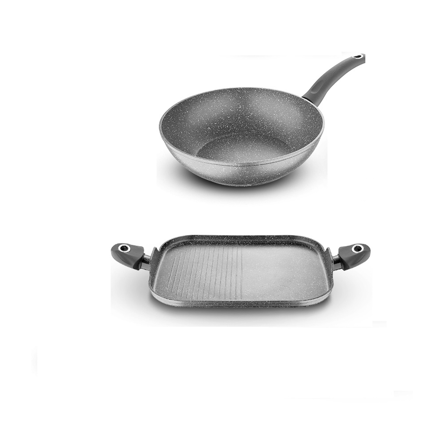 Due padelle. Una padella wok rotonda con manico e una piastra rettangolare con due manici, entrambe nei toni del grigio.