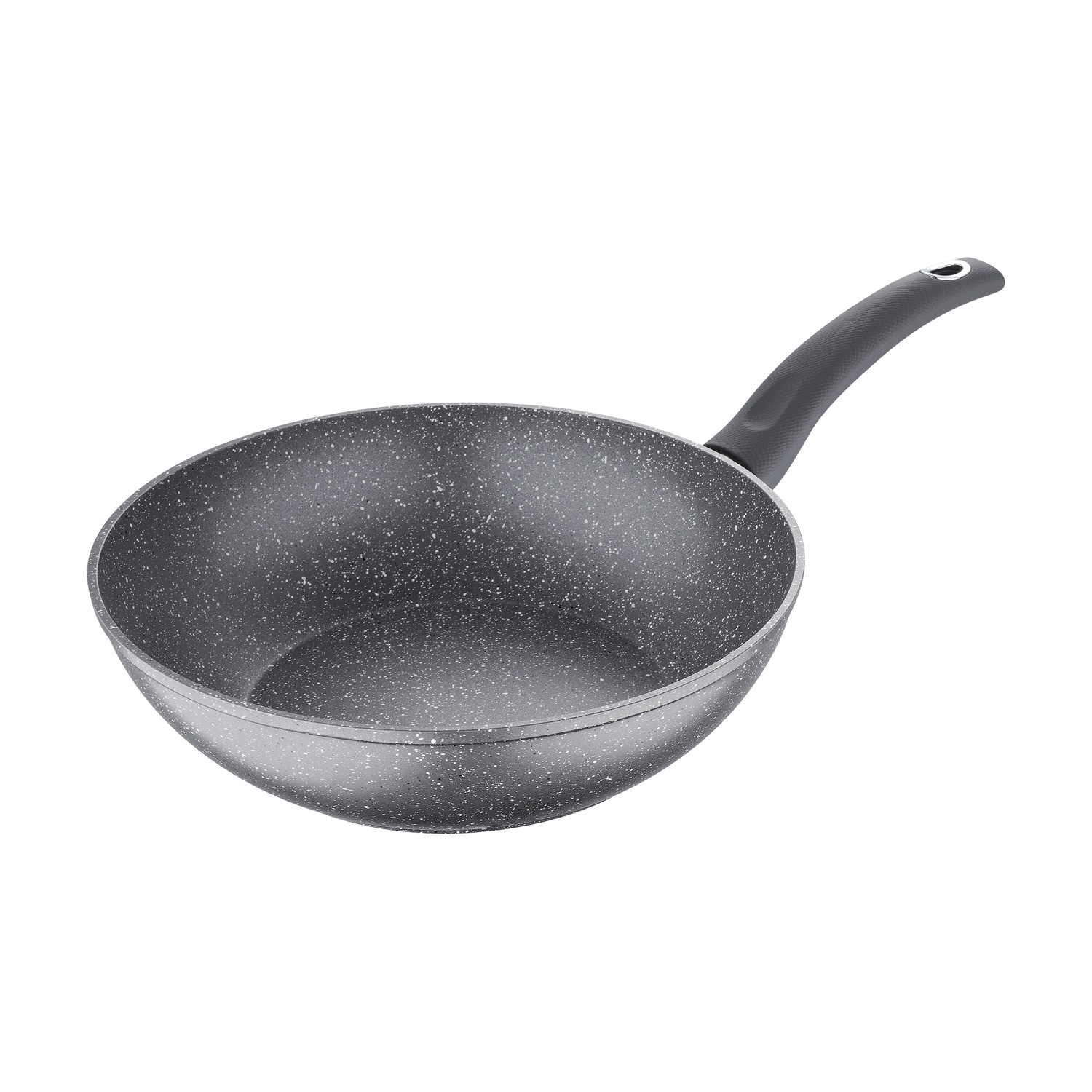 Una padella grigio scuro macchiettata con manico nero su sfondo bianco.