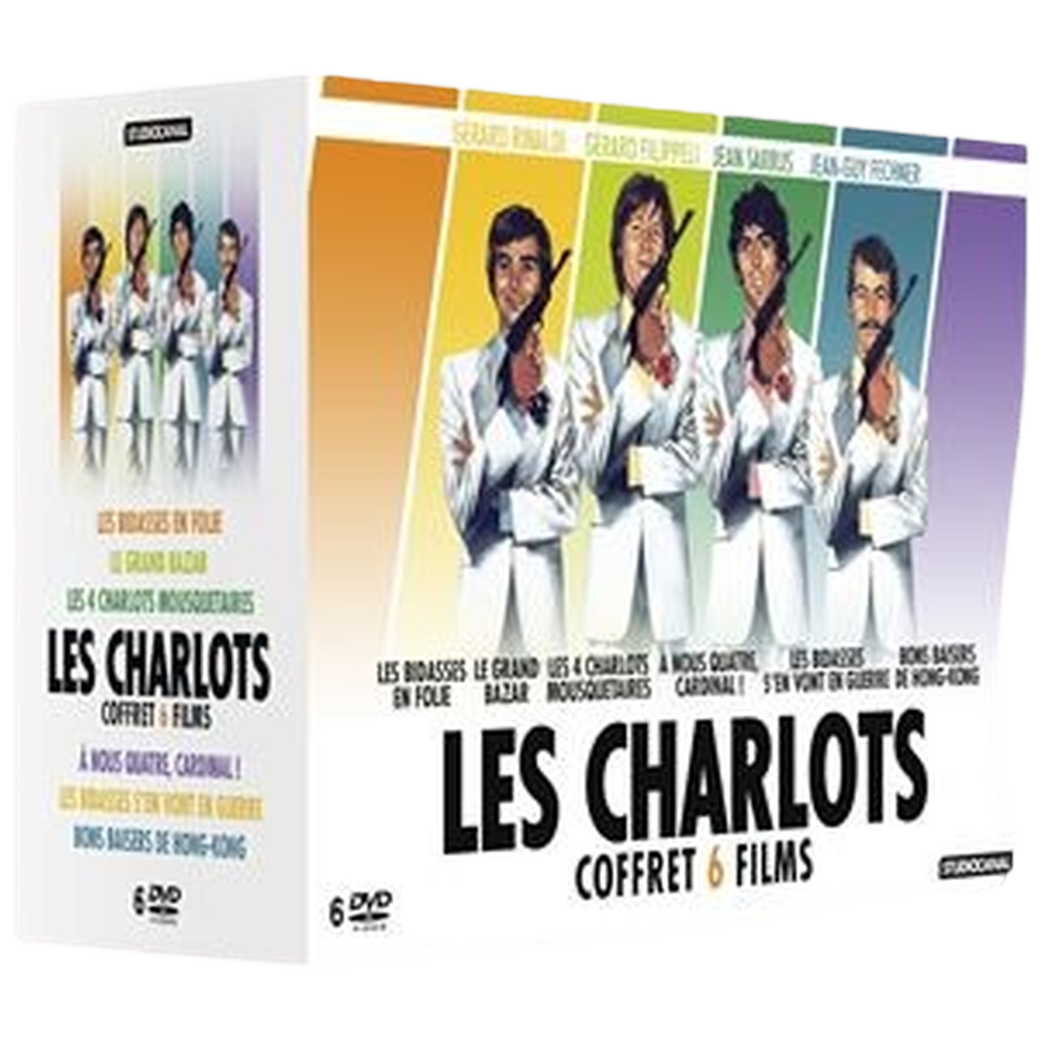 DVD-box van Les Charlots. Vier mannen in witte pakken houden voorwerpen vast. Franse tekst. 6 dvd's.