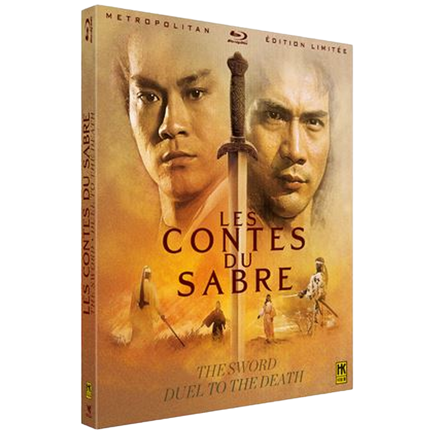 Couverture de DVD. Deux visages d'hommes, épée entre les deux, titre 'Les Contes Du Sabre'. Figures en arrière-plan. Palette de couleurs marron, jaune et blanc.