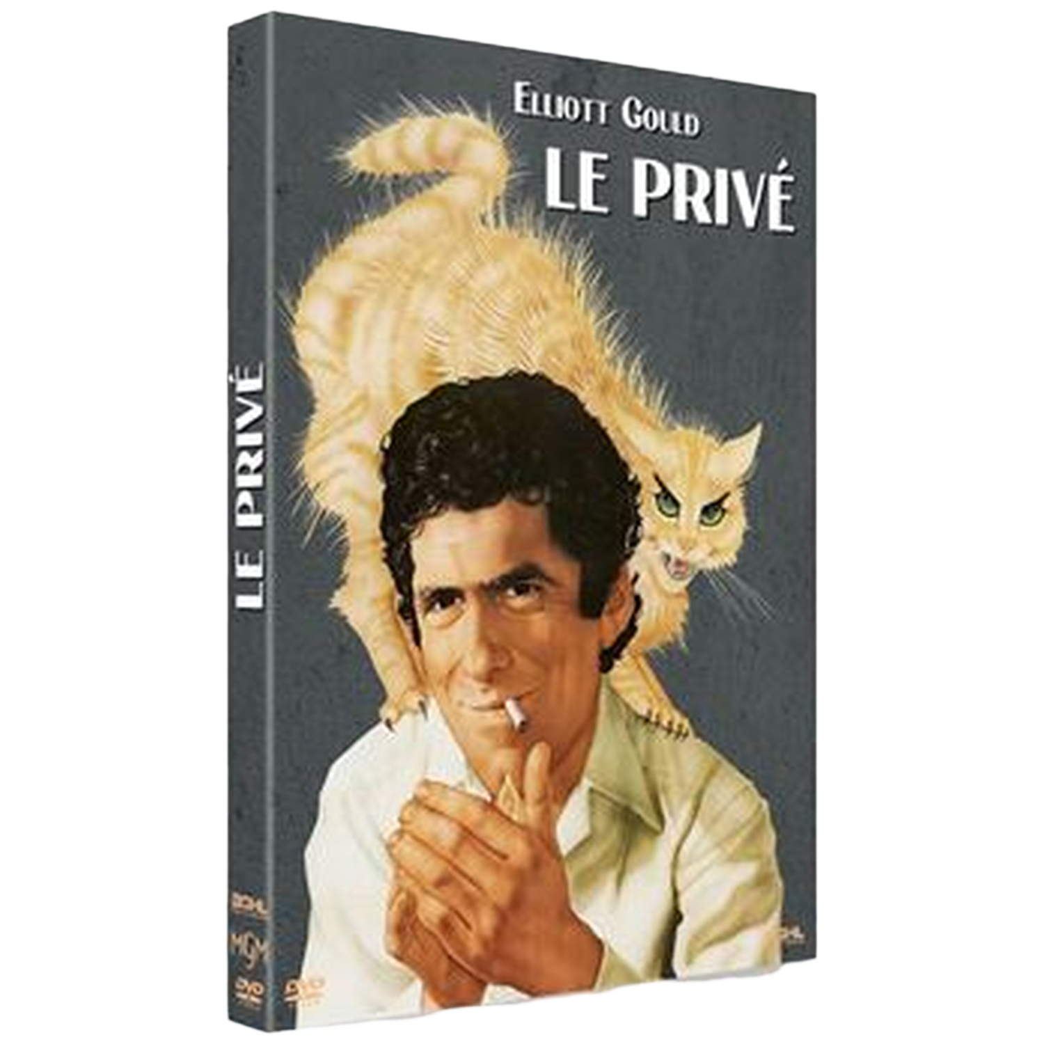 Couverture DVD de 'Le Privé'. Un homme fume avec un chat derrière lui. Le chat est jaune, l'homme a les cheveux noirs et une chemise blanche.
