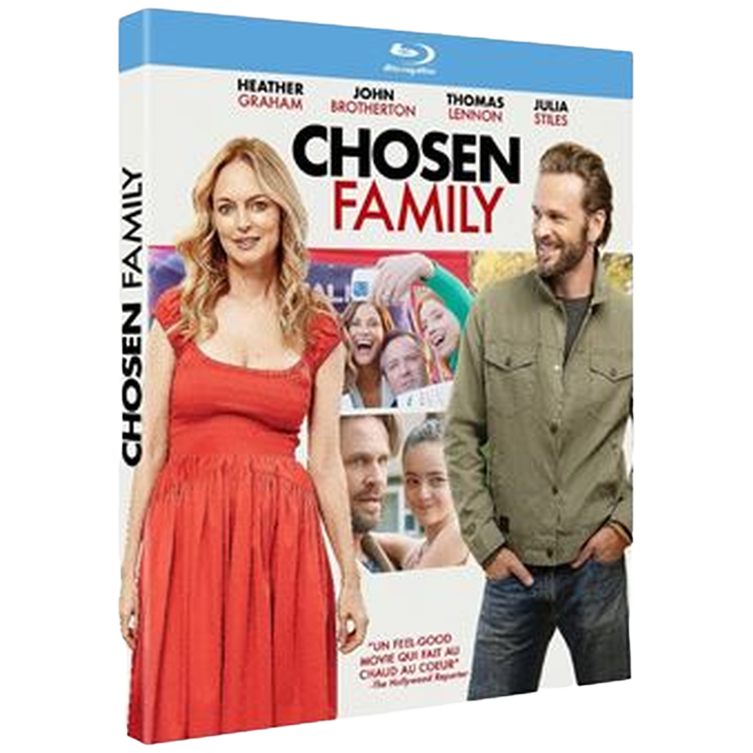 Couverture DVD de 'Chosen Family'. Une femme en robe rouge et un homme en chemise verte sont sur la couverture. D'autres visages sont montrés.