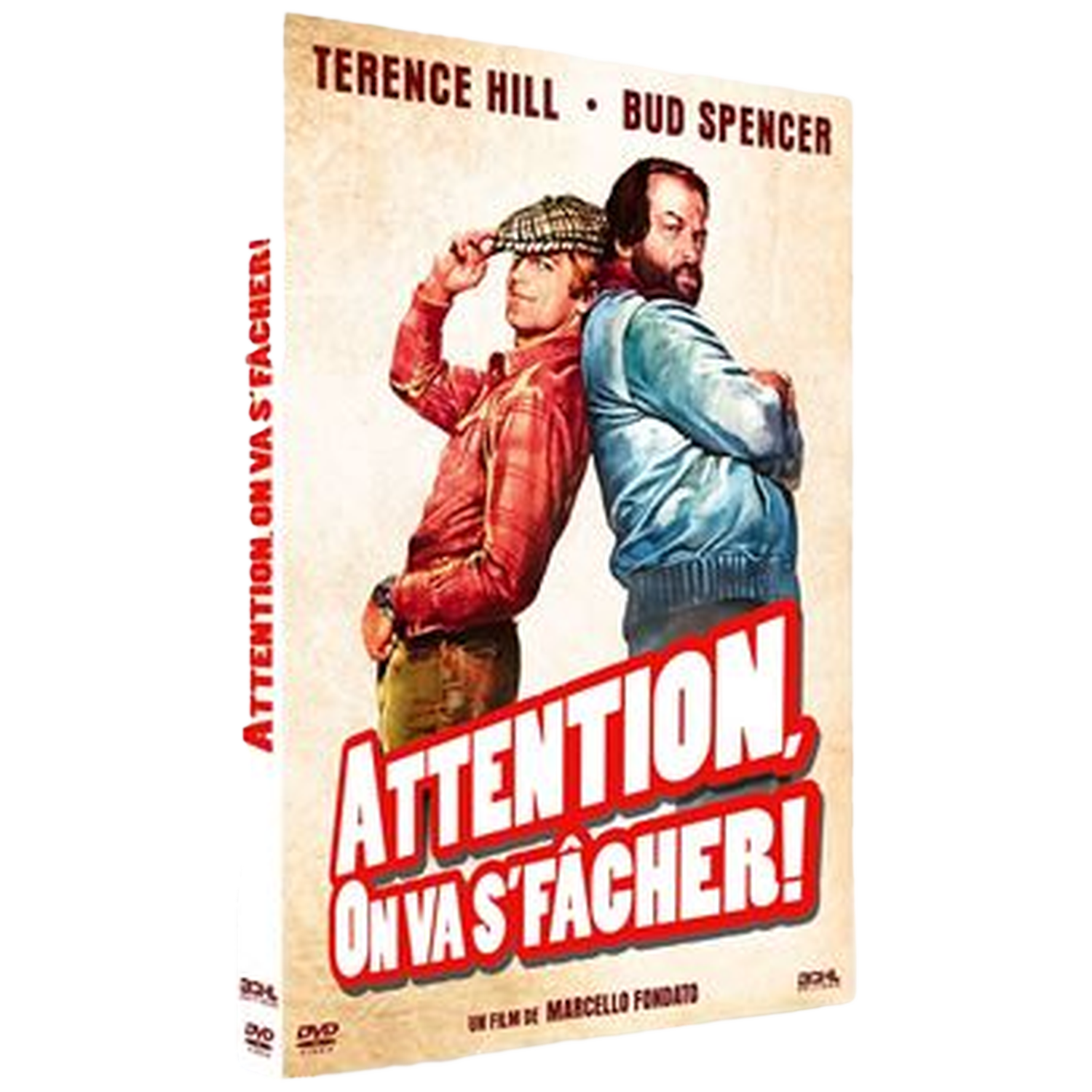DVD-hoes. Terence Hill en Bud Spencer staan rug aan rug. Titel: Attention, On Va S'Fâcher!