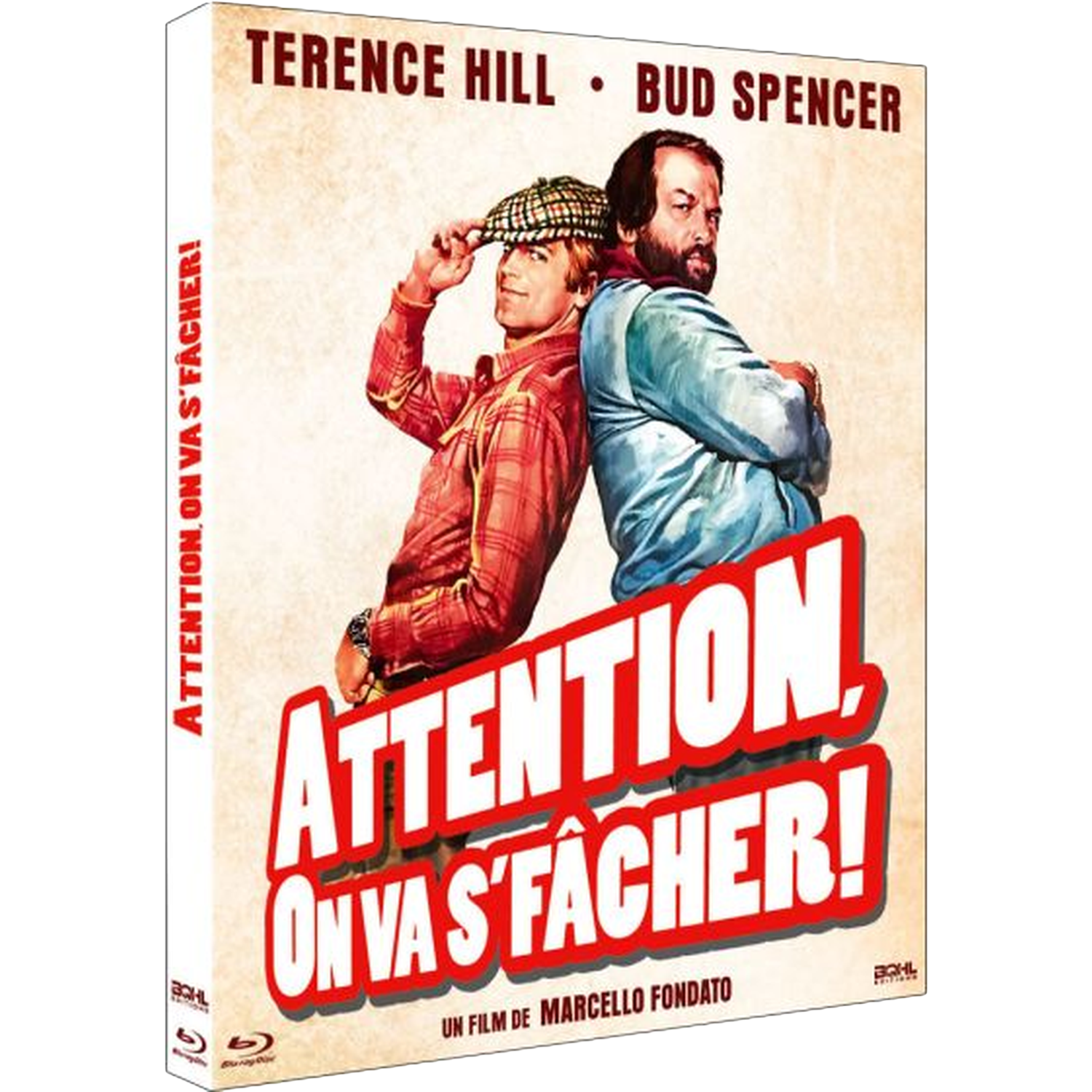 Couverture de film avec deux hommes. Un avec une chemise à carreaux et une casquette, l'autre avec une barbe. Titre: Attention, On va s'fâcher!