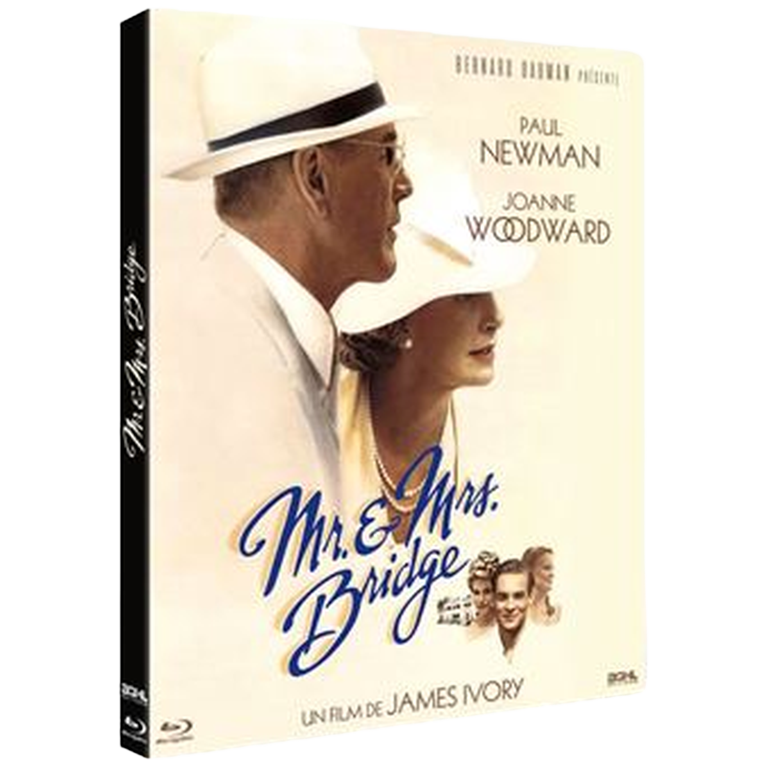 DVD-hoes van de film Mr. & Mrs. Bridge. Paul Newman en Joanne Woodward zijn te zien. De titel is in blauw cursief geschreven.