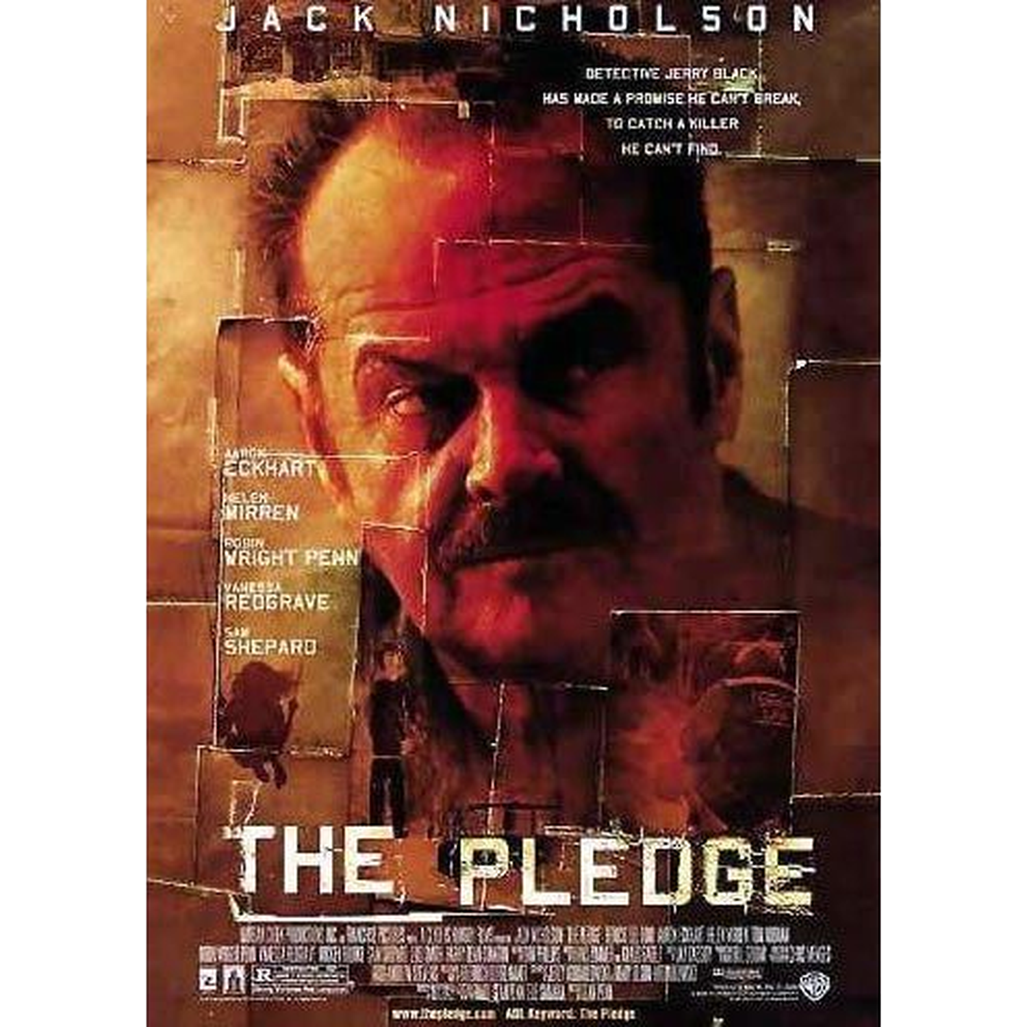 Filmposter voor 'The Pledge'. Toont het gezicht van Jack Nicholson, de titel en de namen van de cast tegen een vervaagde achtergrond. Rode en bruine tinten domineren.