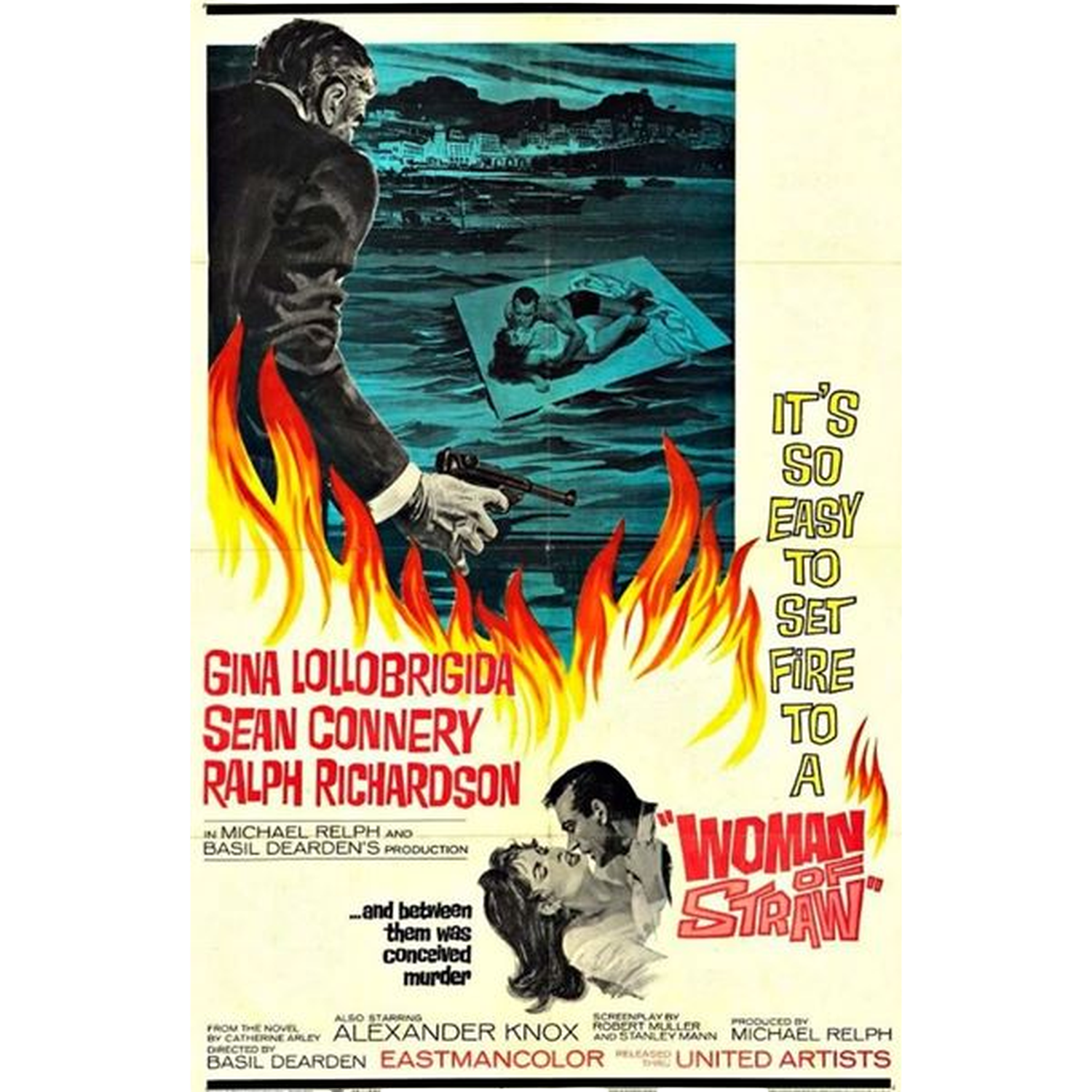 Affiche de "Woman of Straw". Homme avec pistolet, flammes et couple s'embrassant. Texte inclut le casting et titre.