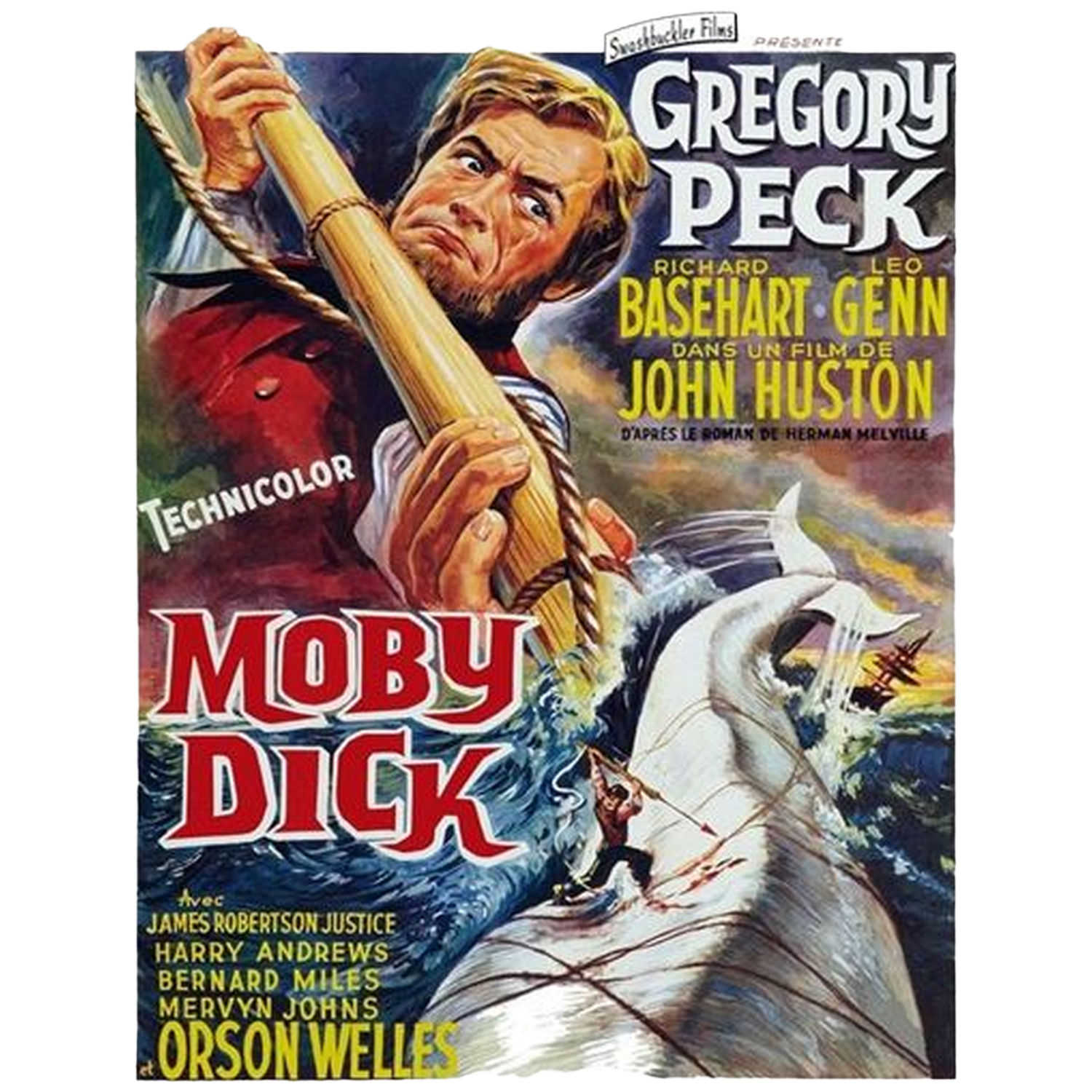 Affiche du film Moby Dick. Gregory Peck tient un harpon, une baleine surgit, et un navire est en arrière-plan. Texte en gras superposé.