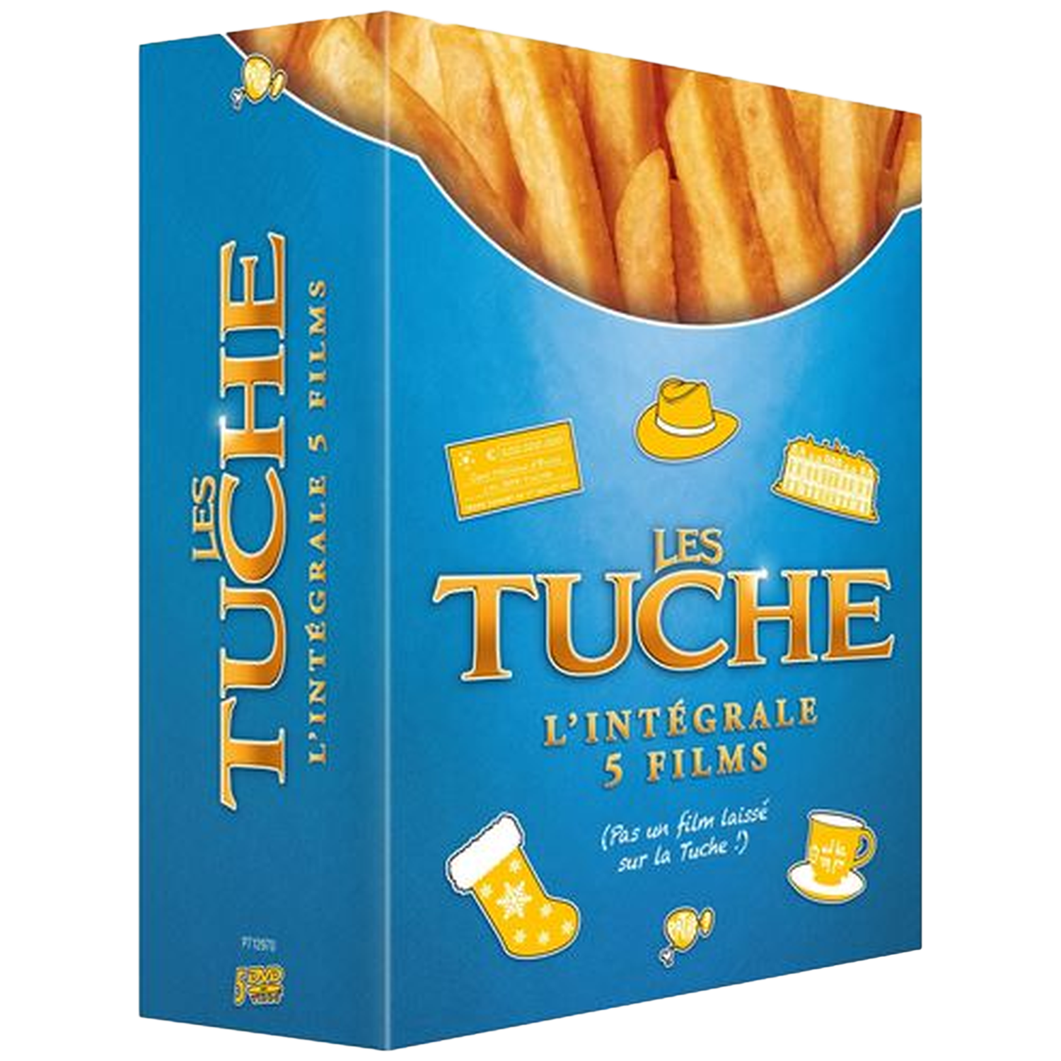 Een blauwe dvd-box van 'Les Tuche'-films met een afbeelding van frietjes bovenop. Bevat filmtitels en cartoon-iconen. De box staat in perspectief.