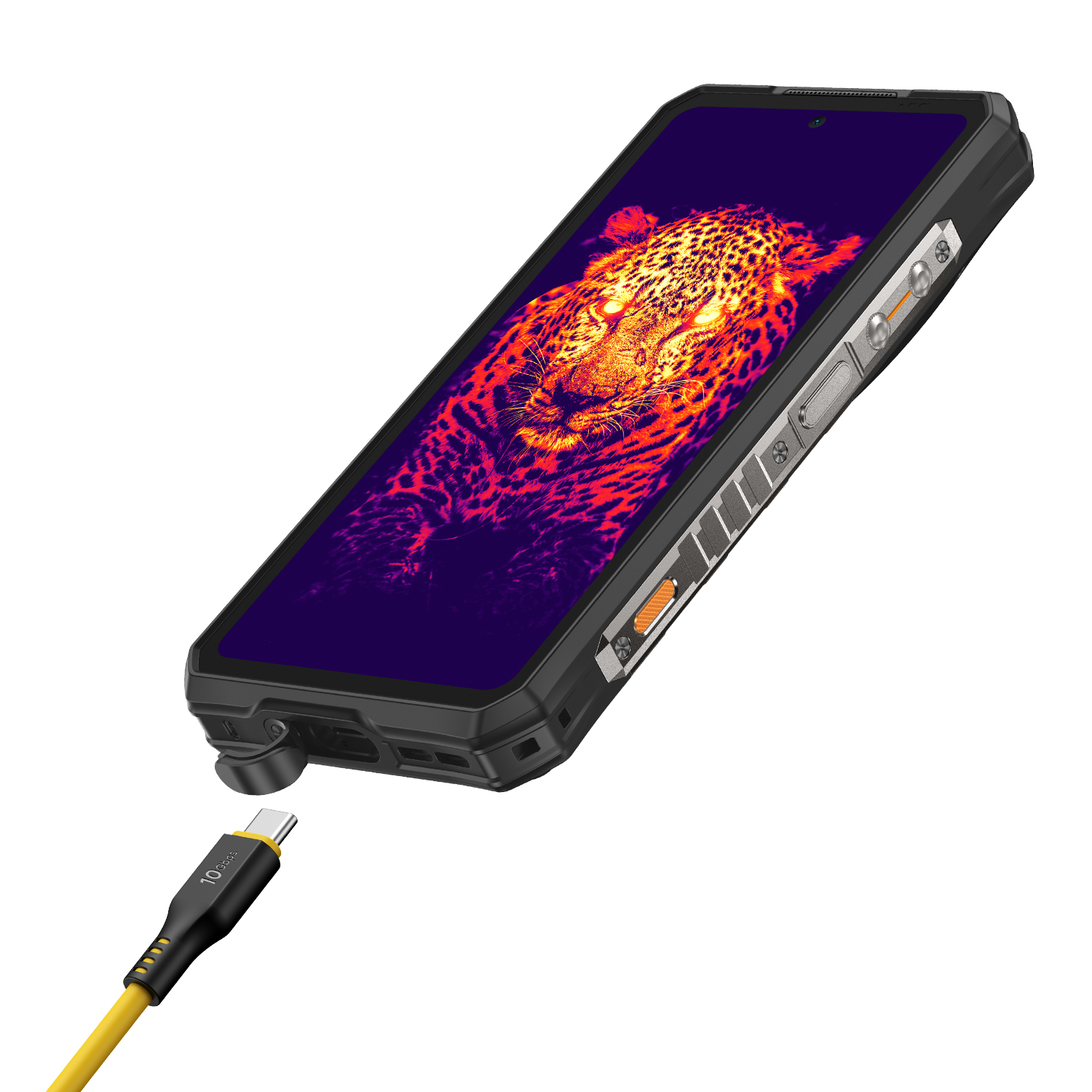 Egy fekete telefon leopárddal a képernyőn sárga kábellel töltődik. A telefon strapabíró kialakítású.