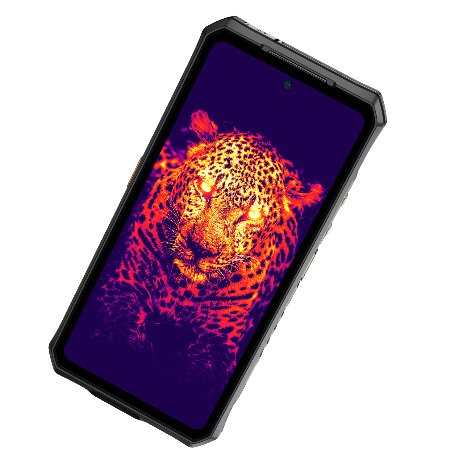 Egy strapabíró okostelefon leopárd képet jelenít meg a képernyőjén. A telefon fekete, narancssárga részletekkel, fehér háttér előtt.