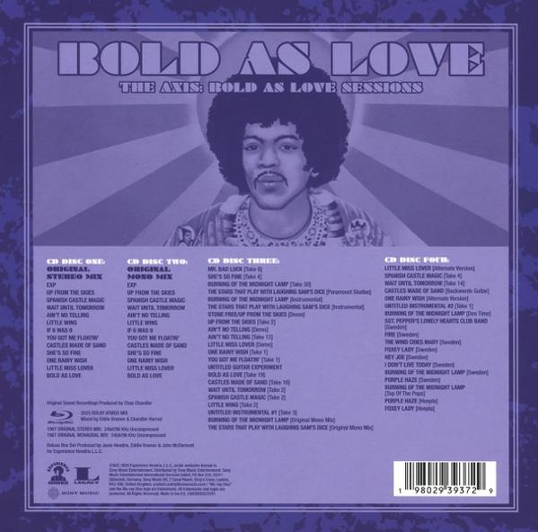 Albumhoes: Jimi Hendrix. Titel Bold as Love. Tracklijst links. Paarse achtergrond met tekst en afbeelding.