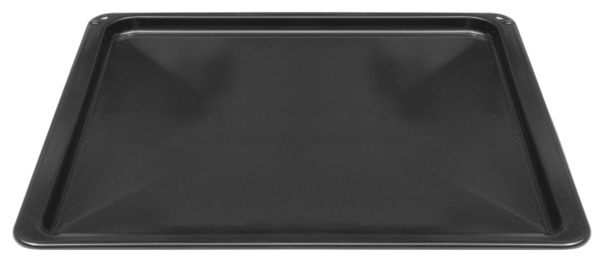 Czarna prostokątna blacha do pieczenia na białym tle. Ma lekko podniesione krawędzie i jest pusta.