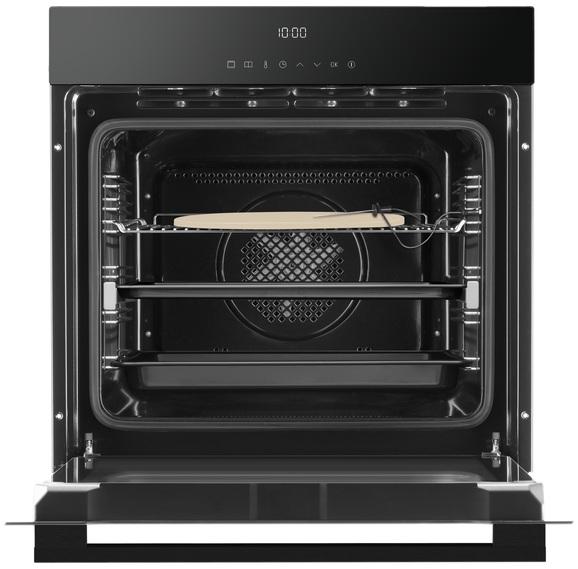 Otwarty czarny piekarnik z wewnętrznymi półkami i kamieniem do pizzy. Wyświetlacz cyfrowy pokazuje czas. Szklane drzwi są otwarte.