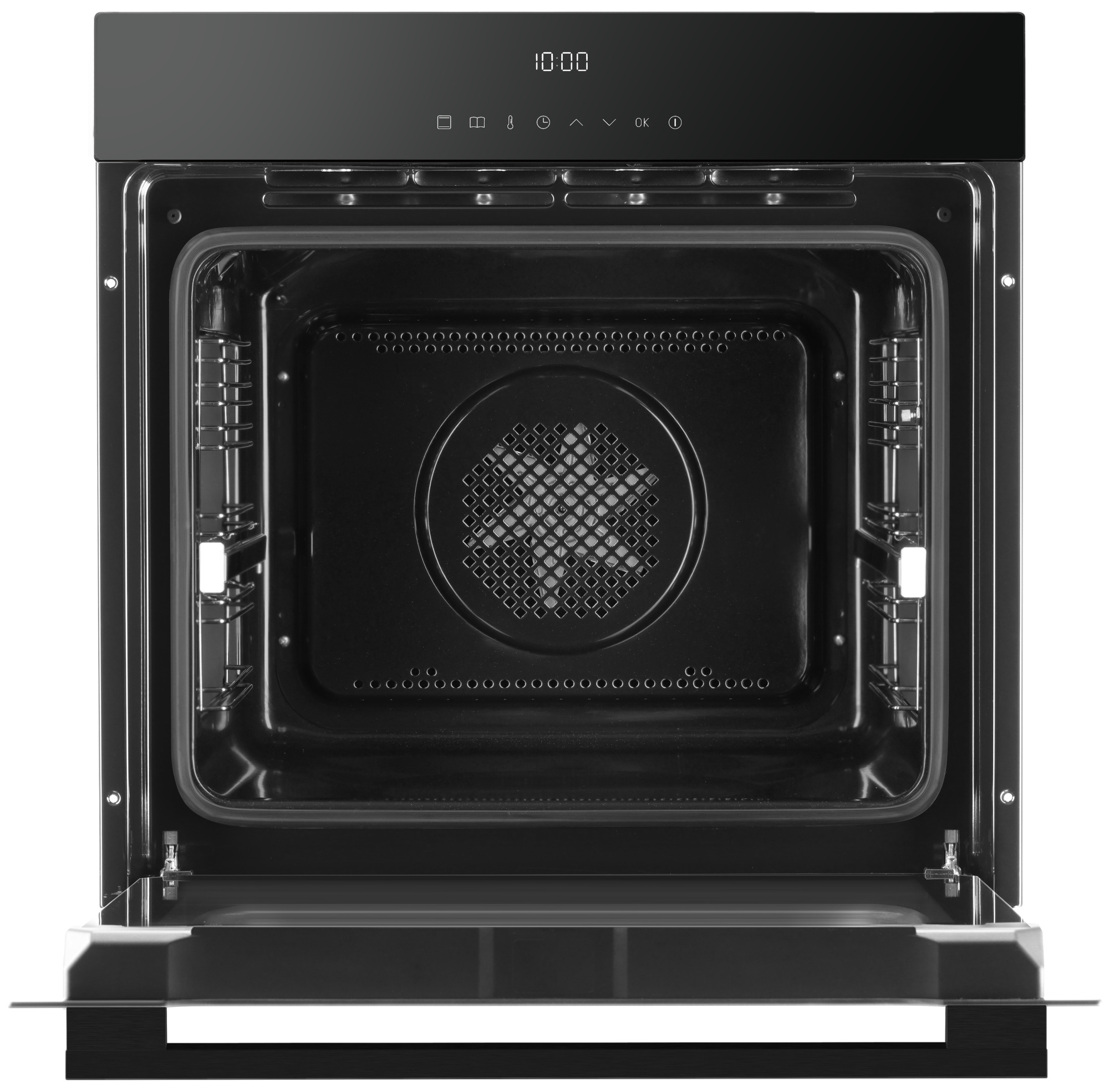 Otwarty czarny piekarnik, widoczne wnętrze. Zegar cyfrowy pokazuje 10:00. Drzwi otwarte, odsłaniające ruszty i okrągły grill.