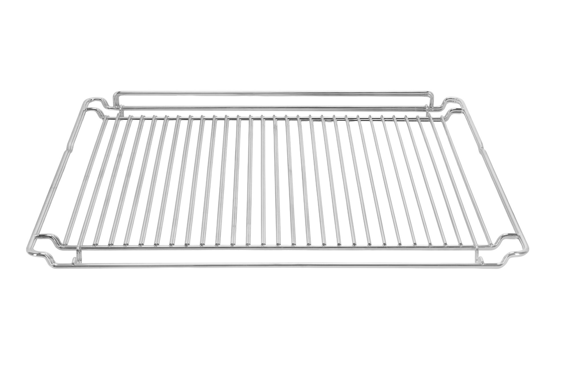 Błyszczący ruszt piekarnika ze stali nierdzewnej. Ma kształt prostokąta z równoległymi prętami. Tło jest białe.