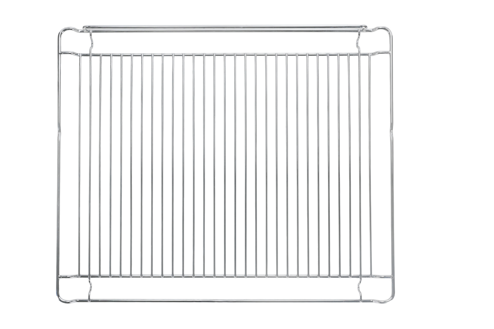 Metalowy ruszt do piekarnika jest wyśrodkowany na białym tle. Składa się z pionowych i poziomych metalowych prętów tworzących kratkę.