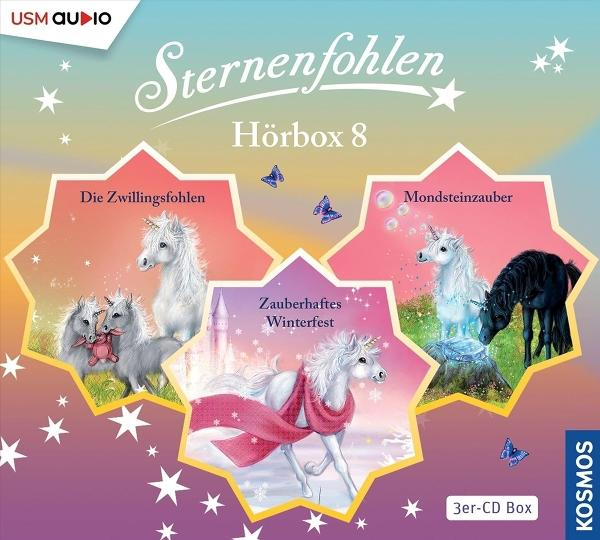 Cover von 'Sternenfohlen' mit Einhörnern, Text und Sternen. Verschiedene Szenen sind in sternförmigen Rahmen dargestellt.