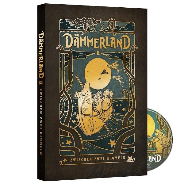 Buchcover mit goldenem Design eines Boots auf dem Wasser unter einem Mond. Titel: Dämmerland II. Inklusive CD mit passendem Design.