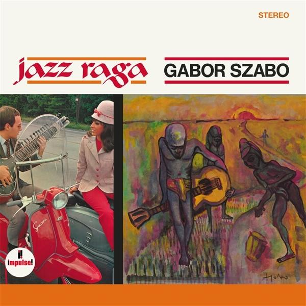 Albumcover: 'Jazz Raga' von Gabor Szabo. Zeigt ein Paar auf einem Roller und eine künstlerische Darstellung von Musikern mit Gitarren.