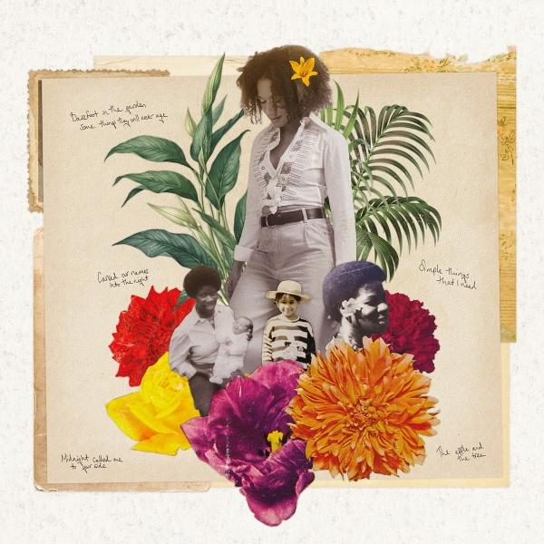 Collage einer Frau mit Blume, anderen Personen, Blumen und handschriftlichem Text. Der Hintergrund ist im Vintage-Stil gehalten.