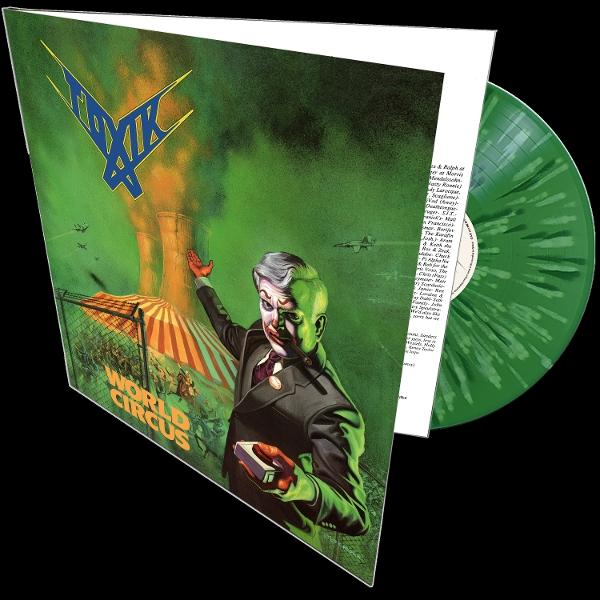 Albumcover: Ein Mann mit grünem Gesicht zeigt auf Atomkraftwerke, ein Zirkuszelt und ein Düsenflugzeug. Grüne Vinylplatte rechts.